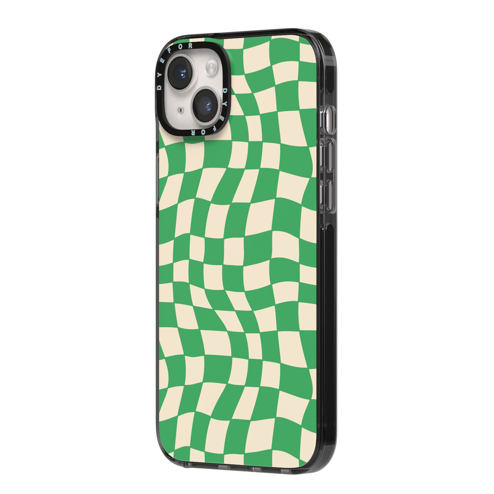 Green Check iPhone 14 Plus Black Impact Case Side Angle on Silver phone