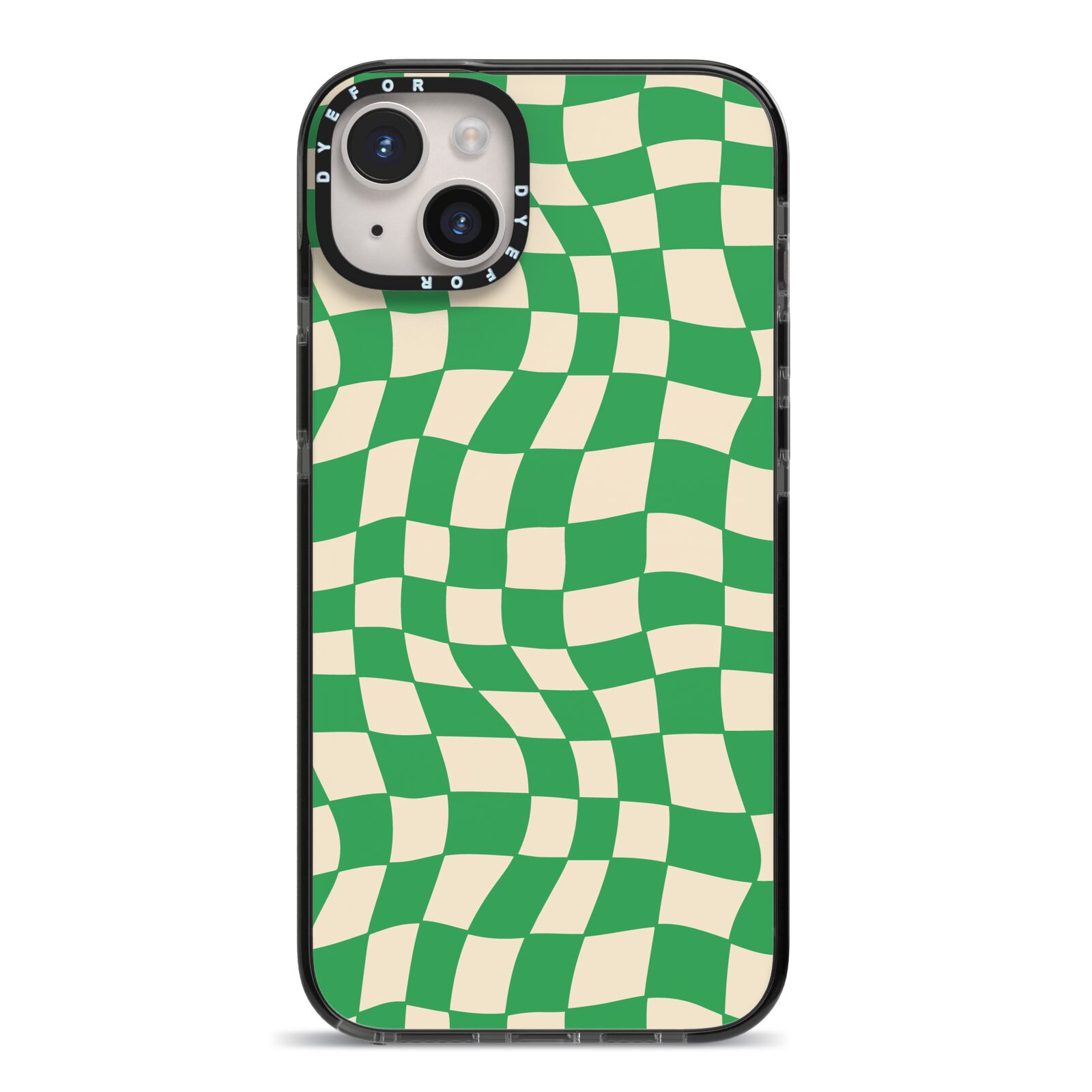 Green Check iPhone 14 Plus Black Impact Case on Silver phone