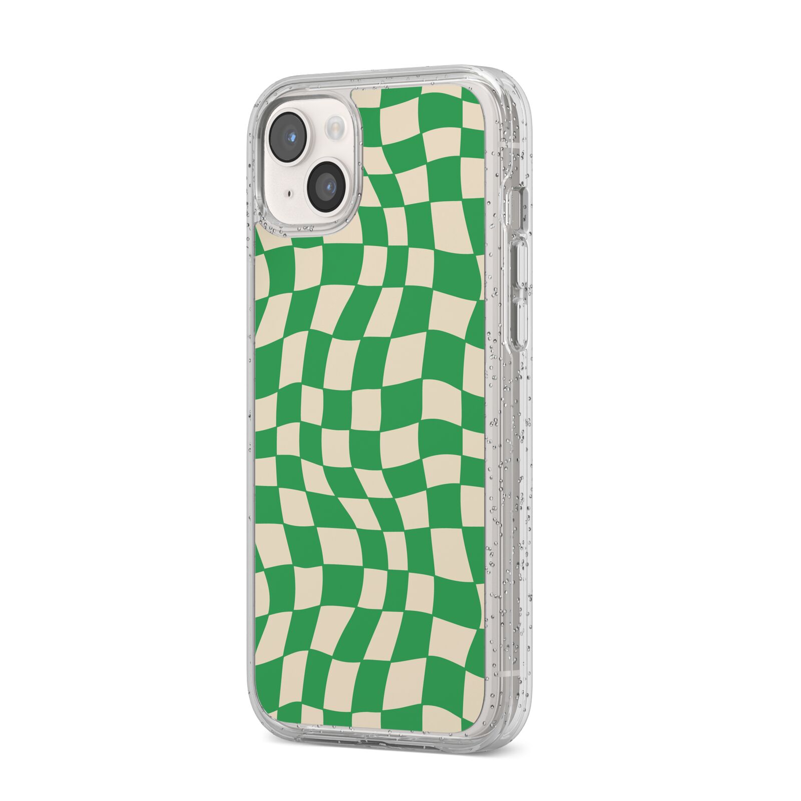 Green Check iPhone 14 Plus Glitter Tough Case Starlight Angled Image
