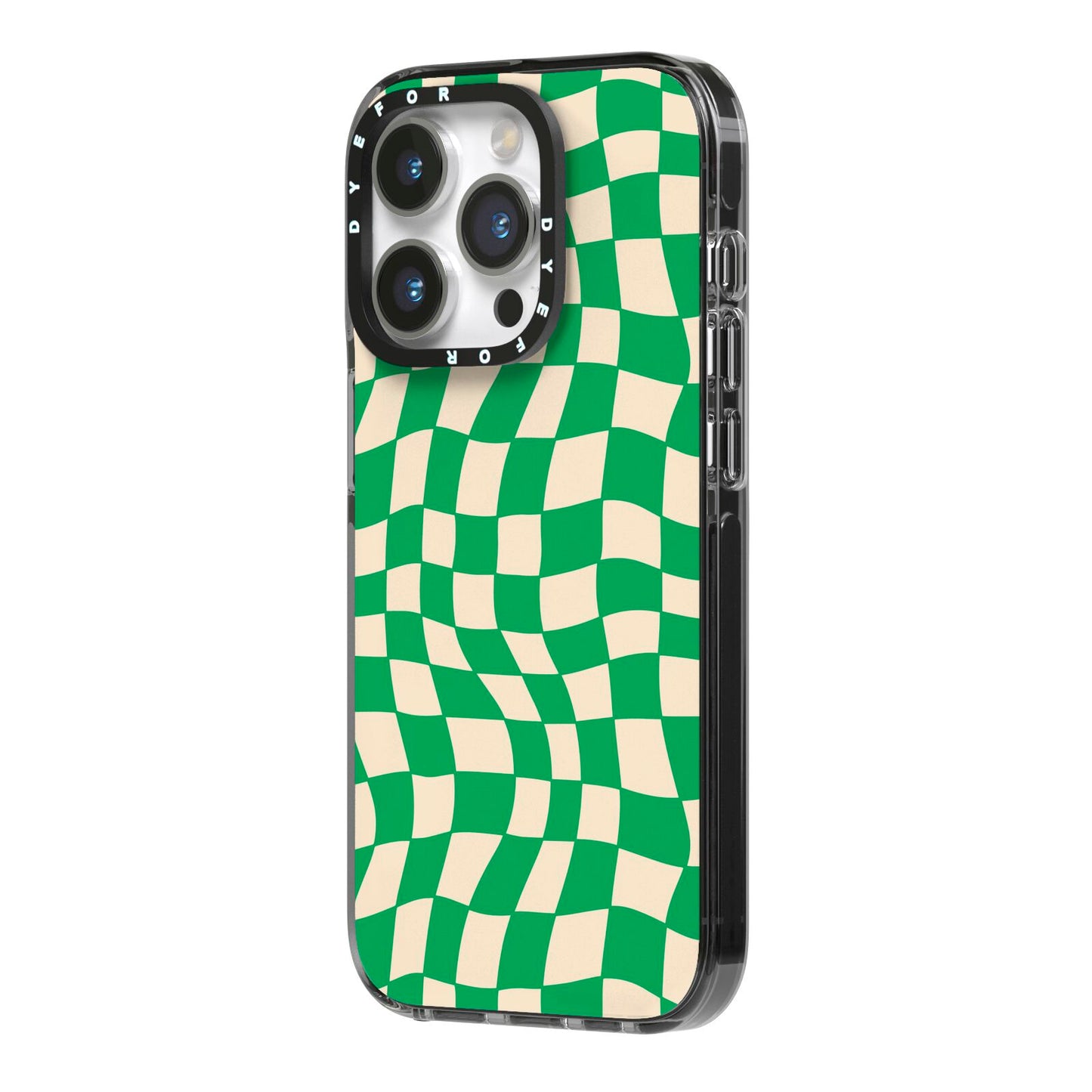 Green Check iPhone 14 Pro Black Impact Case Side Angle on Silver phone