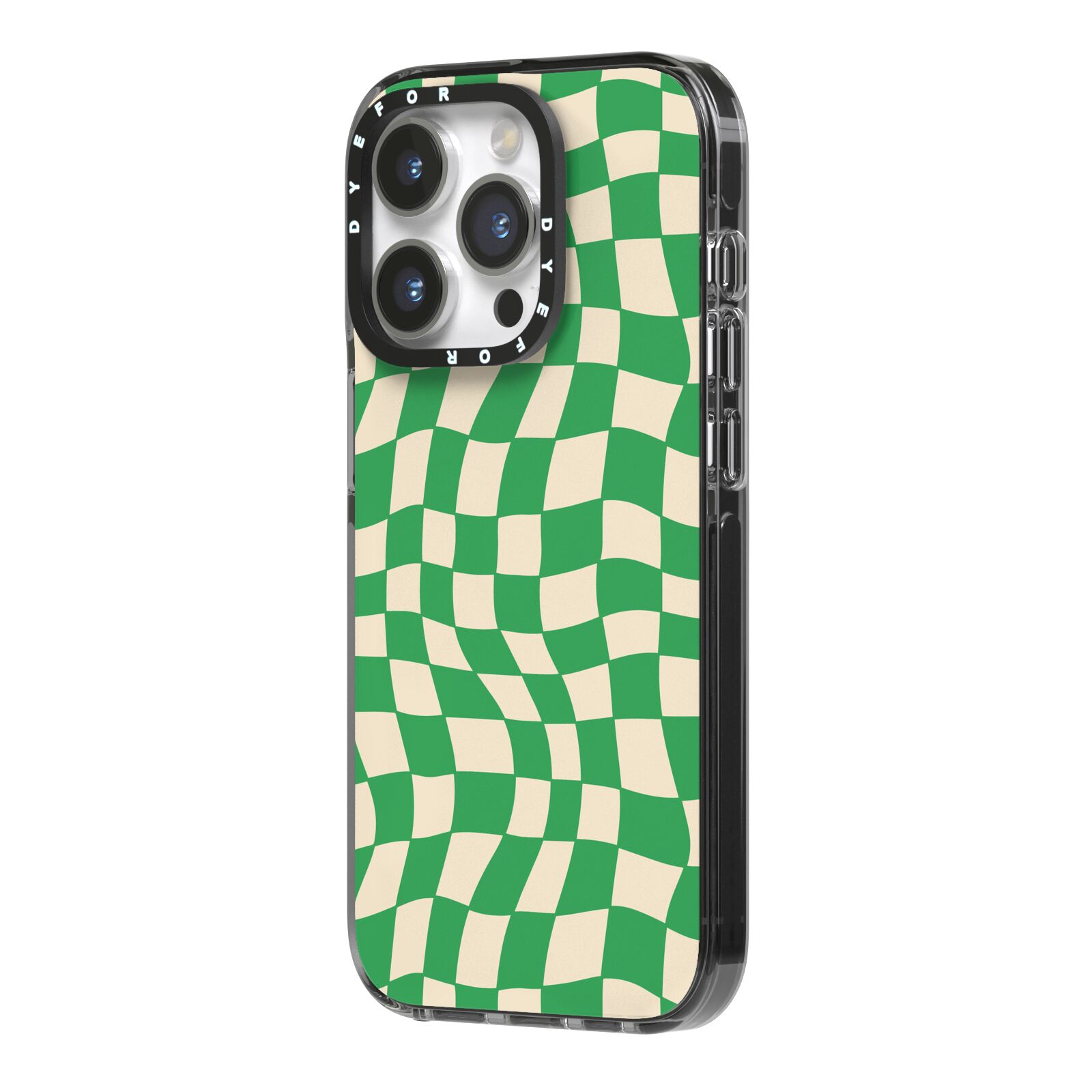 Green Check iPhone 14 Pro Black Impact Case Side Angle on Silver phone