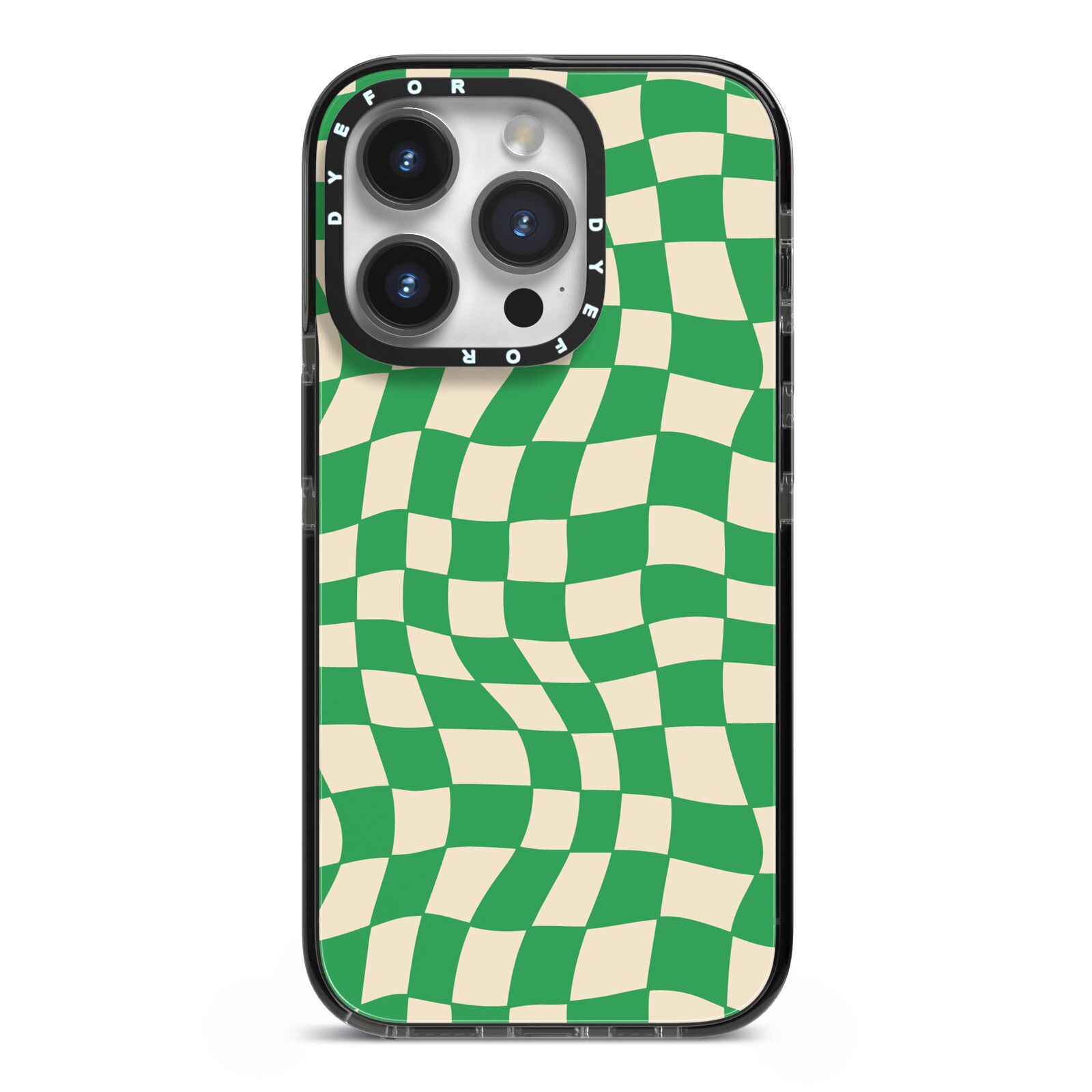 Green Check iPhone 14 Pro Black Impact Case on Silver phone
