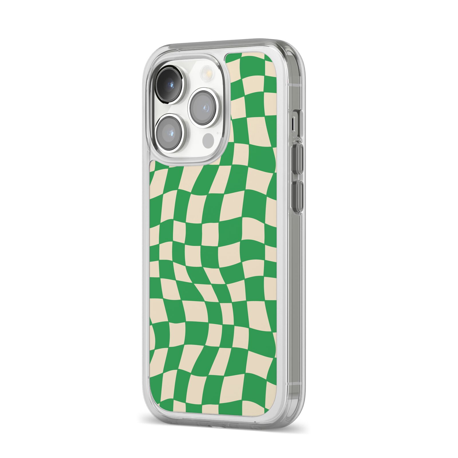 Green Check iPhone 14 Pro Clear Tough Case Silver Angled Image