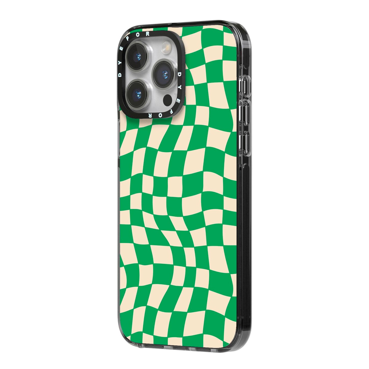 Green Check iPhone 14 Pro Max Black Impact Case Side Angle on Silver phone