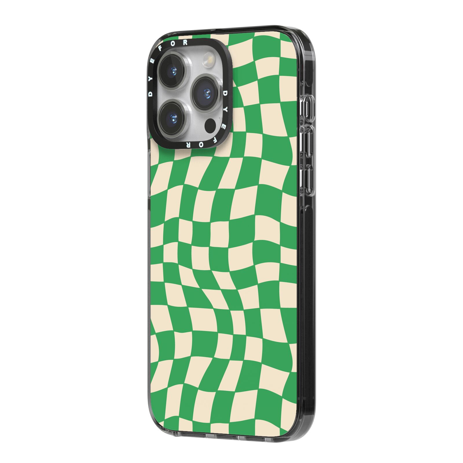 Green Check iPhone 14 Pro Max Black Impact Case Side Angle on Silver phone