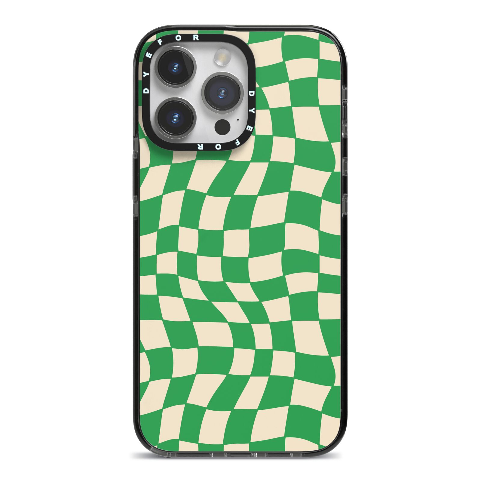 Green Check iPhone 14 Pro Max Black Impact Case on Silver phone