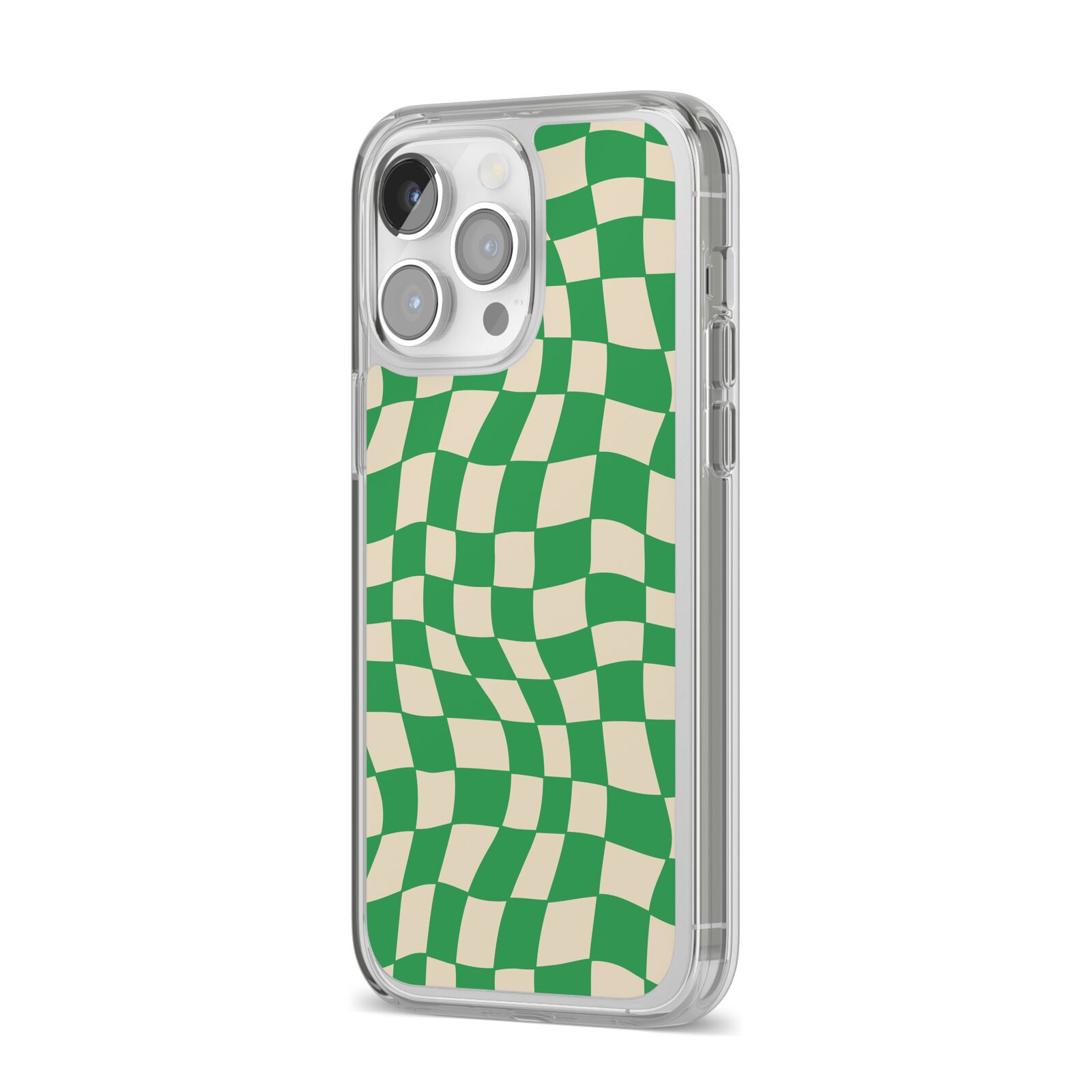 Green Check iPhone 14 Pro Max Clear Tough Case Silver Angled Image