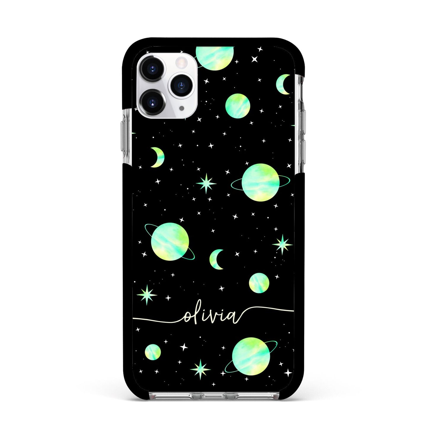 Green Galaxy Personalised Name Apple iPhone 11 Pro Max in Silver with Black Impact Case