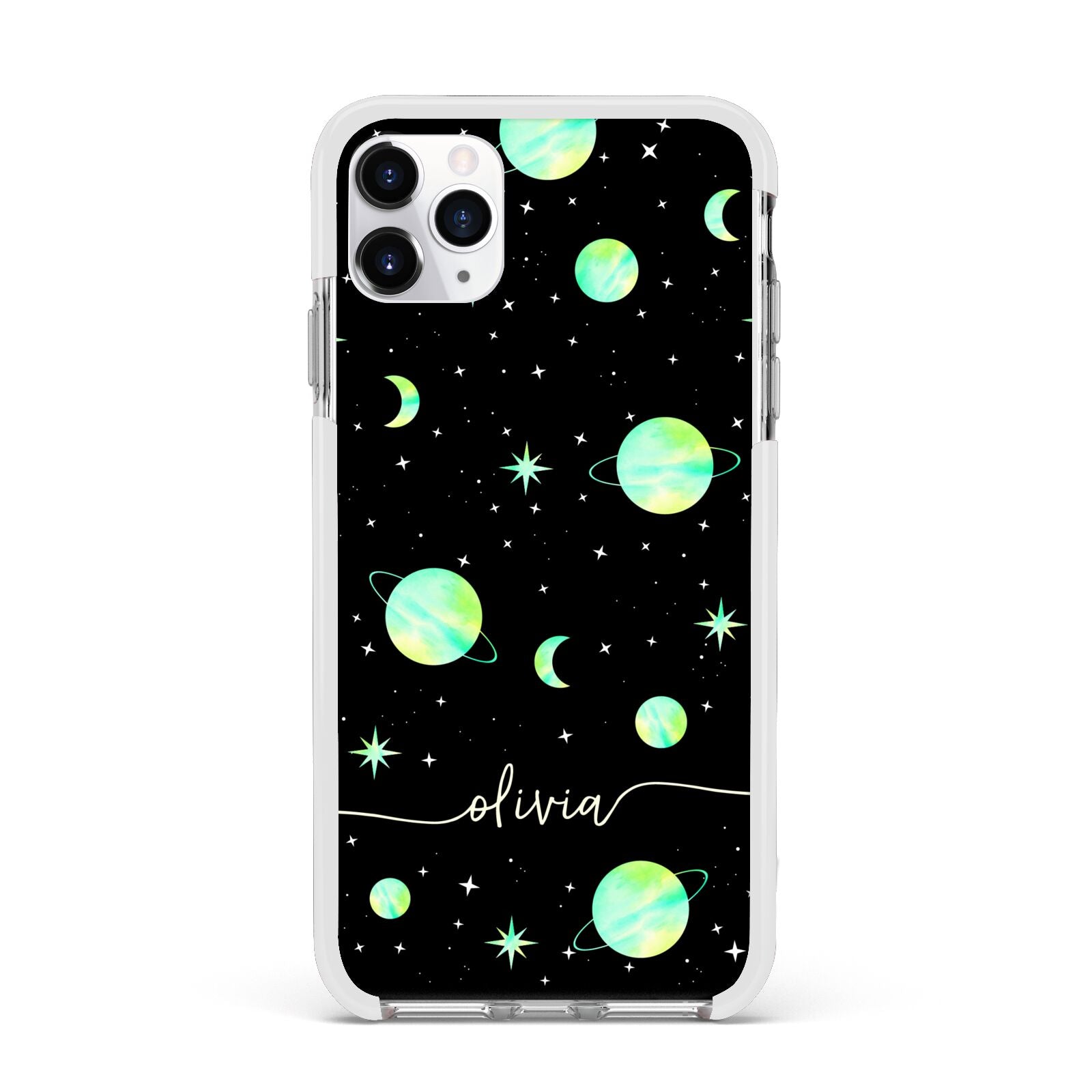 Green Galaxy Personalised Name Apple iPhone 11 Pro Max in Silver with White Impact Case