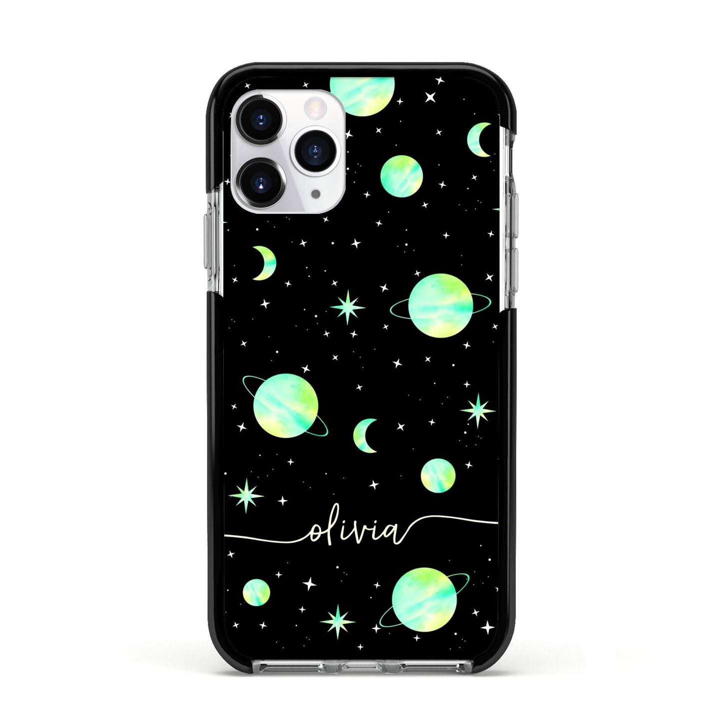 Green Galaxy Personalised Name Apple iPhone 11 Pro in Silver with Black Impact Case