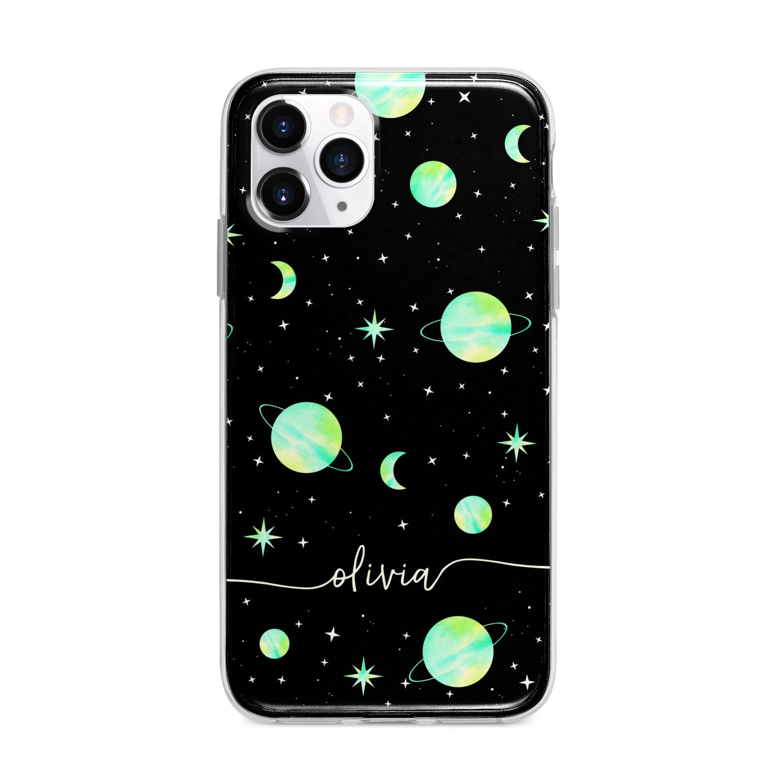 Green Galaxy Personalised Name Apple iPhone 11 Pro in Silver with Bumper Case