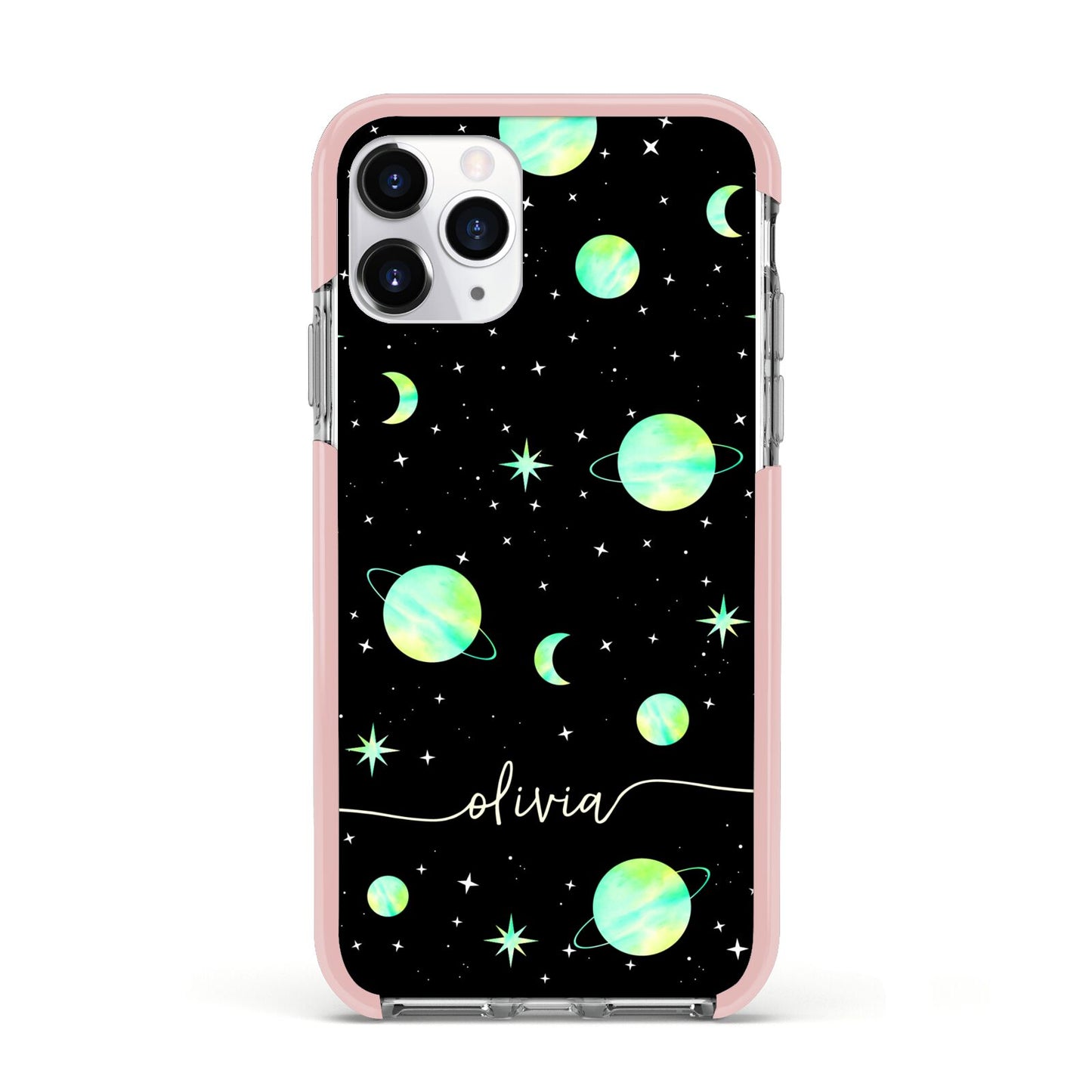Green Galaxy Personalised Name Apple iPhone 11 Pro in Silver with Pink Impact Case