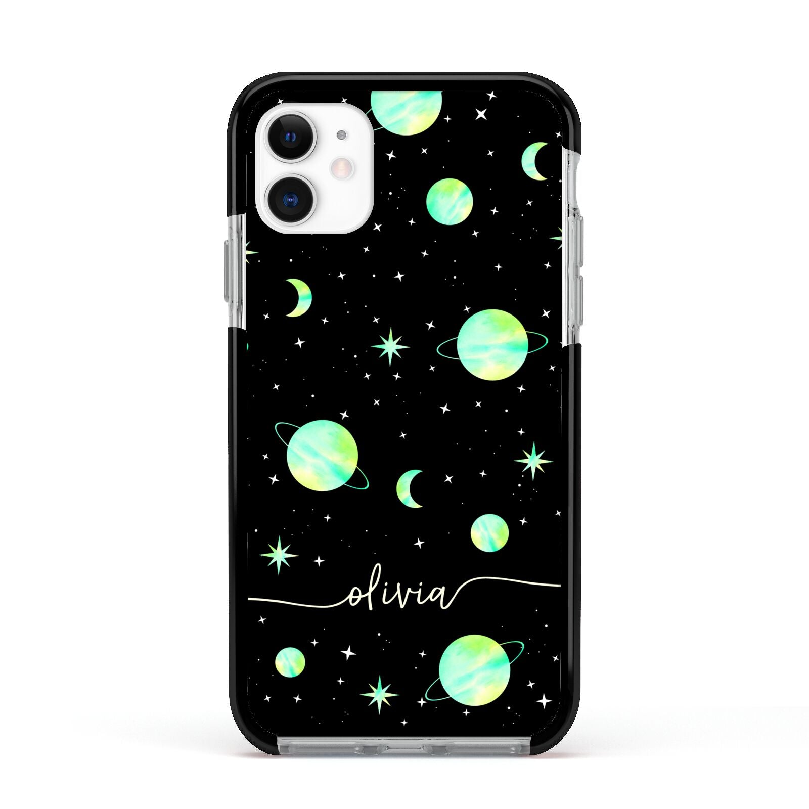 Green Galaxy Personalised Name Apple iPhone 11 in White with Black Impact Case