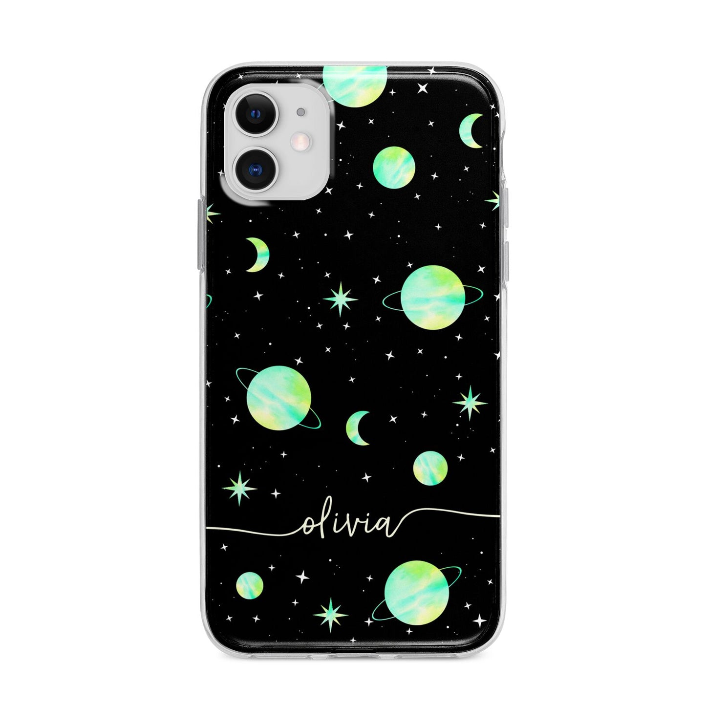 Green Galaxy Personalised Name Apple iPhone 11 in White with Bumper Case