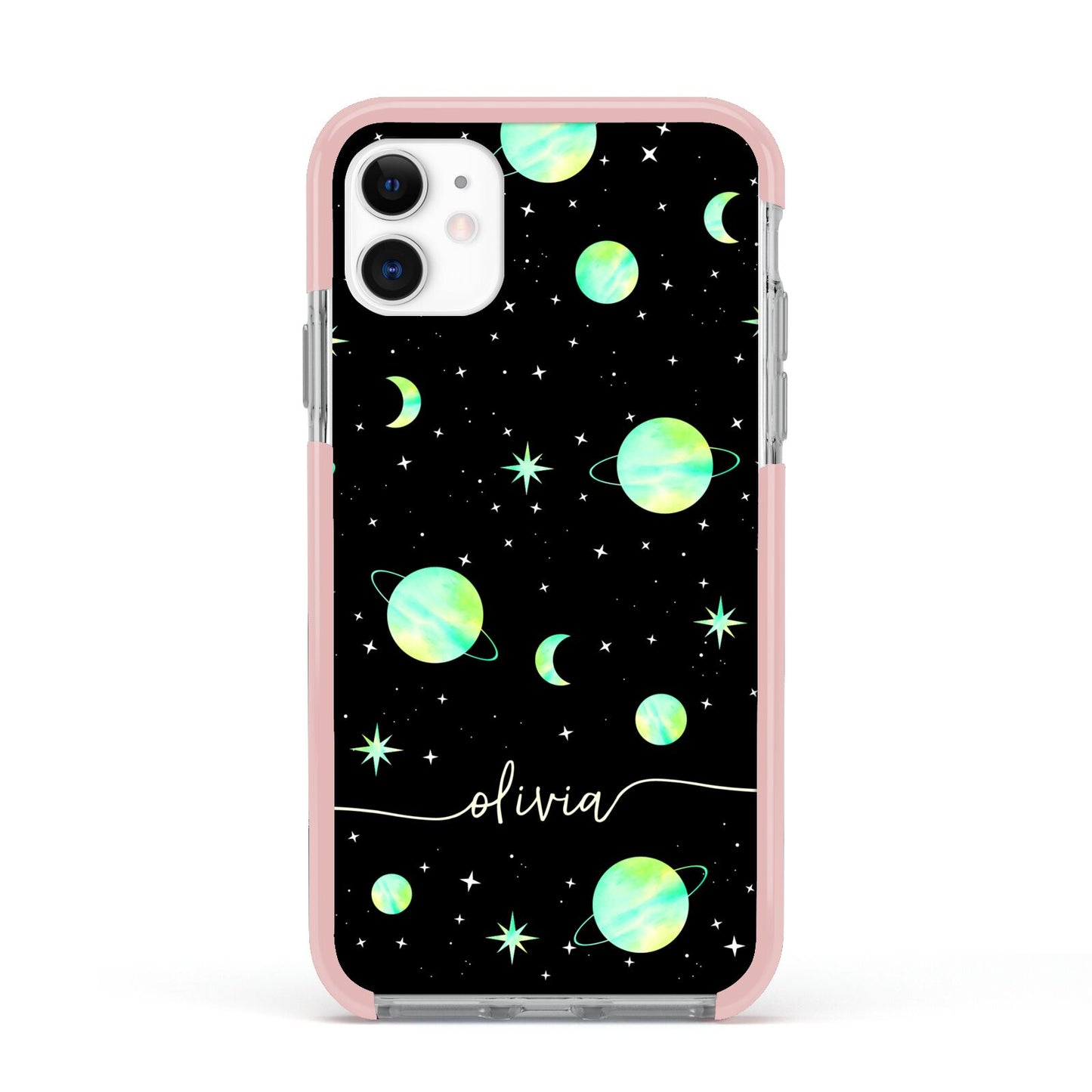 Green Galaxy Personalised Name Apple iPhone 11 in White with Pink Impact Case