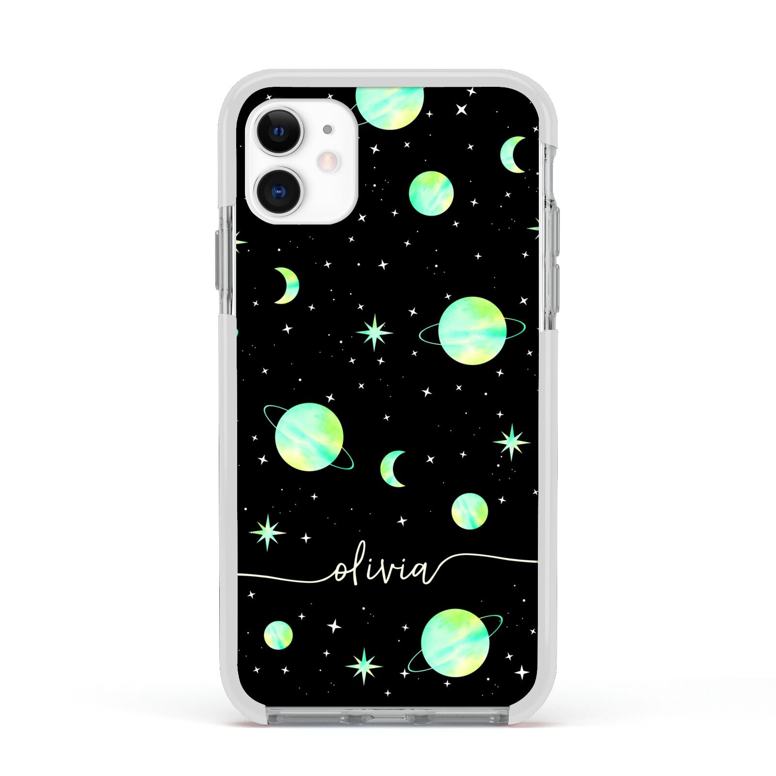 Green Galaxy Personalised Name Apple iPhone 11 in White with White Impact Case