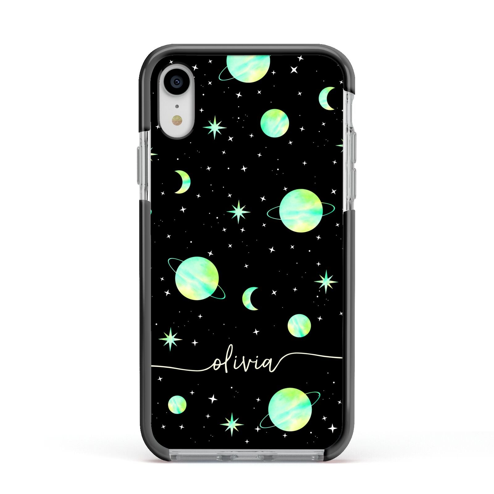 Green Galaxy Personalised Name Apple iPhone XR Impact Case Black Edge on Silver Phone