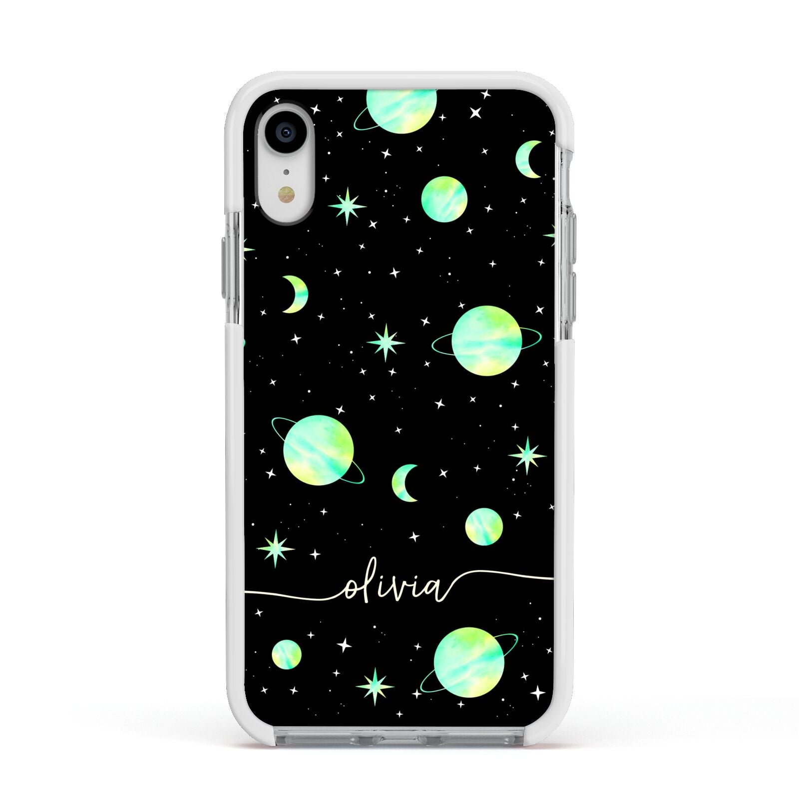 Green Galaxy Personalised Name Apple iPhone XR Impact Case White Edge on Silver Phone