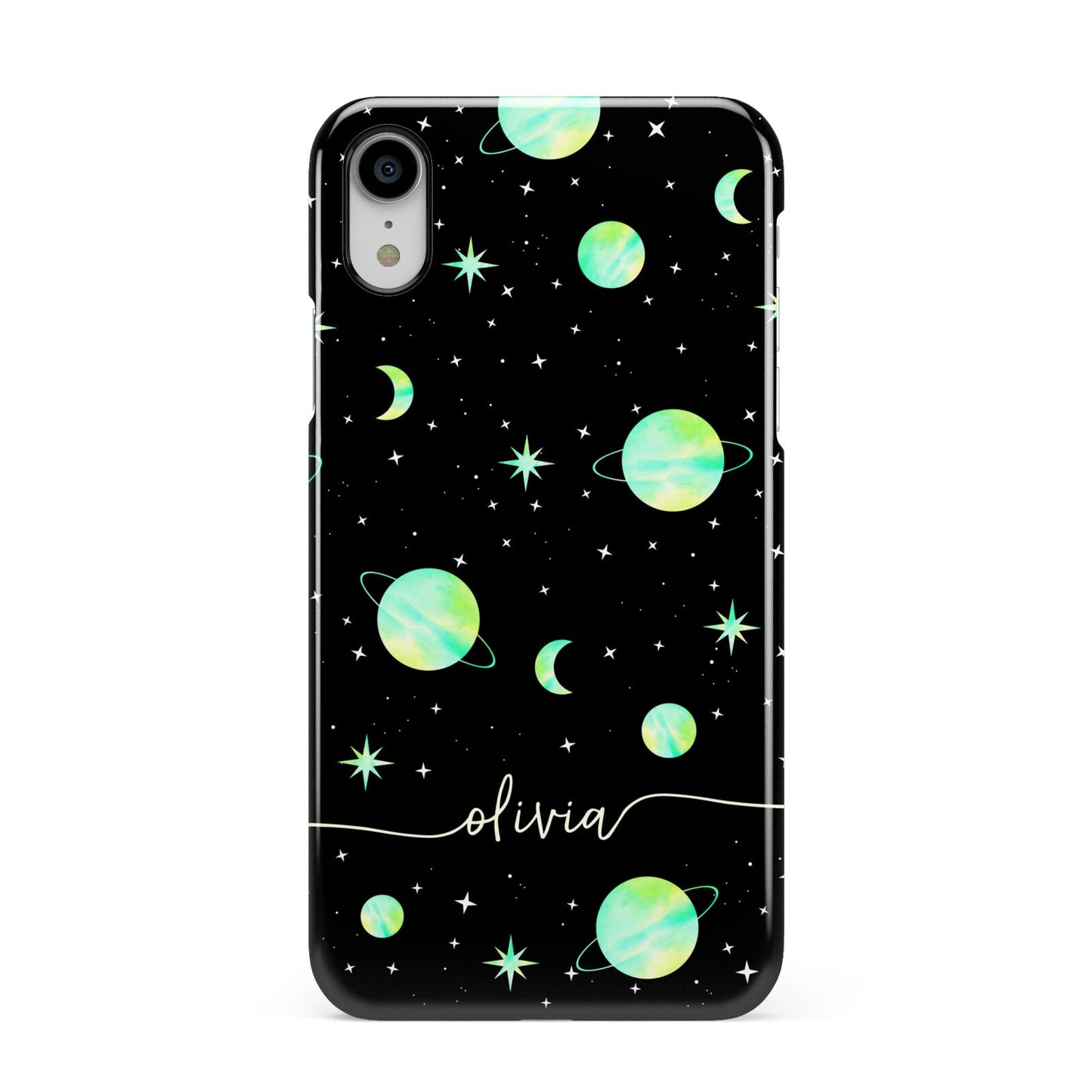 Green Galaxy Personalised Name Apple iPhone XR White 3D Snap Case