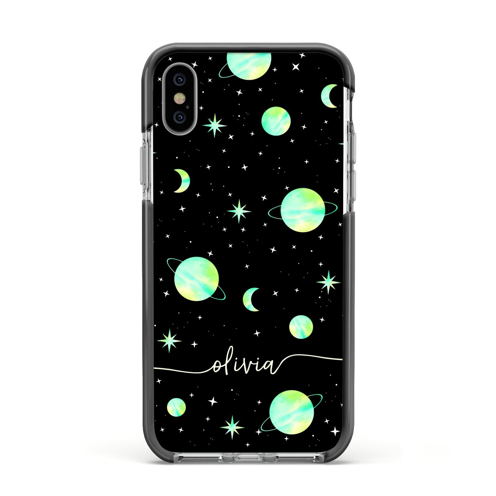 Green Galaxy Personalised Name Apple iPhone Xs Impact Case Black Edge on Silver Phone