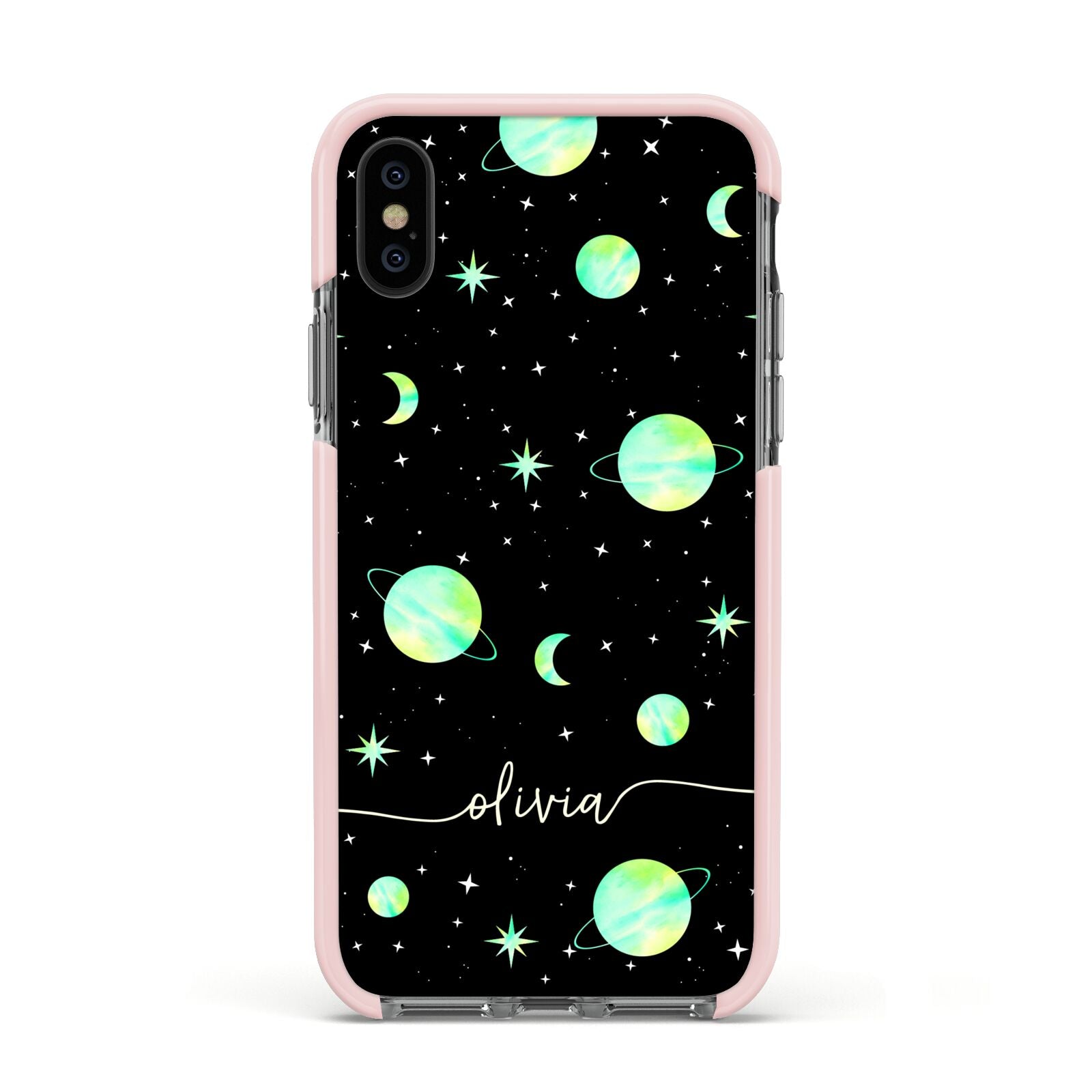 Green Galaxy Personalised Name Apple iPhone Xs Impact Case Pink Edge on Black Phone