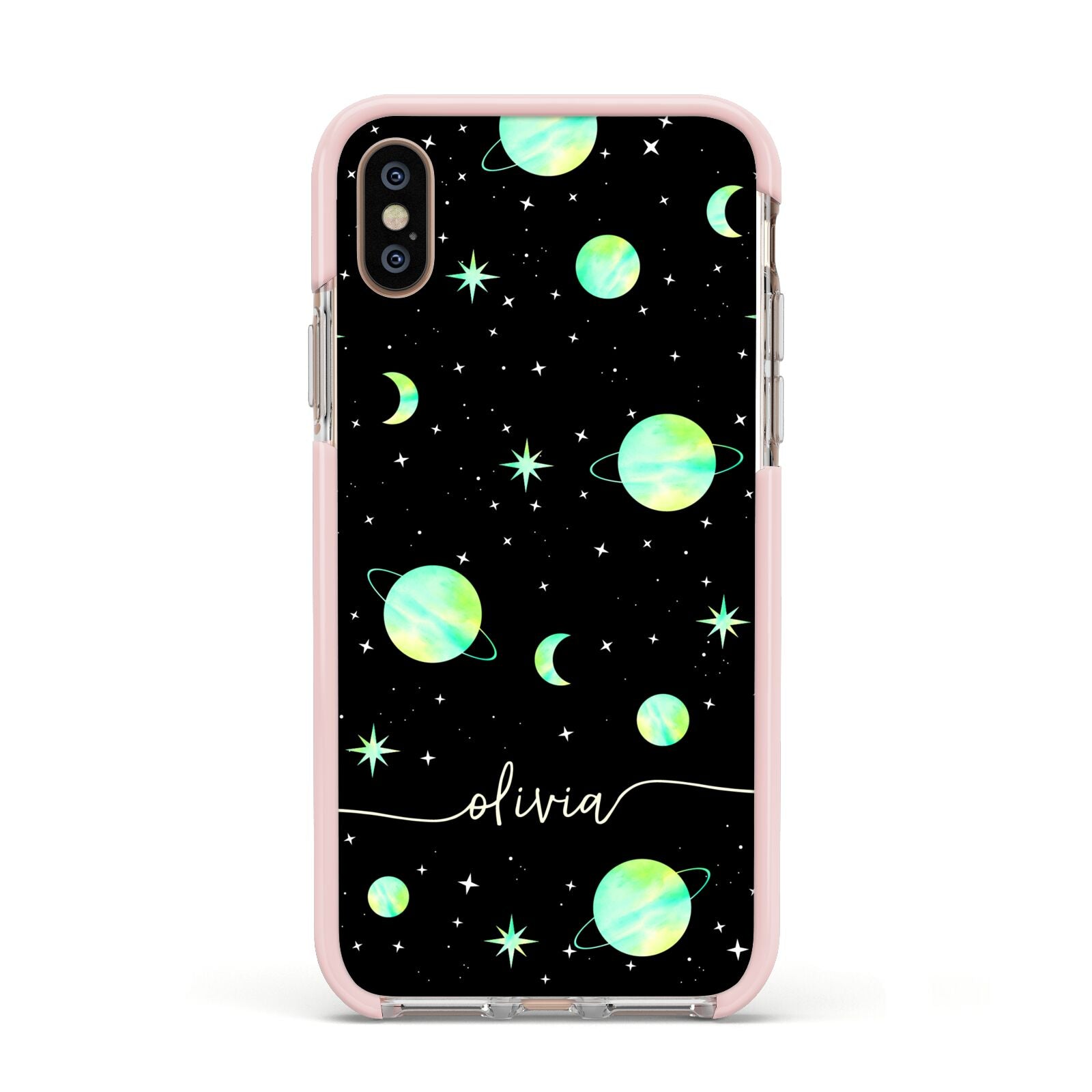 Green Galaxy Personalised Name Apple iPhone Xs Impact Case Pink Edge on Gold Phone