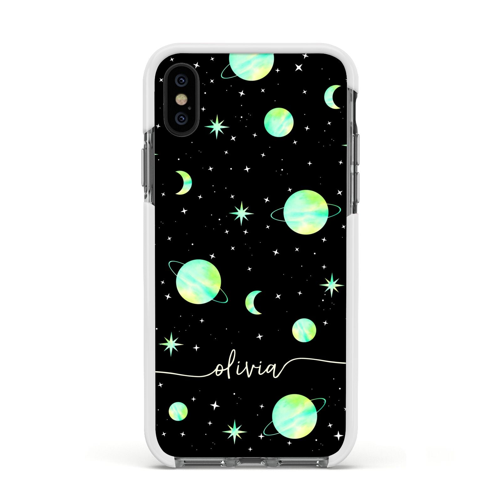 Green Galaxy Personalised Name Apple iPhone Xs Impact Case White Edge on Black Phone