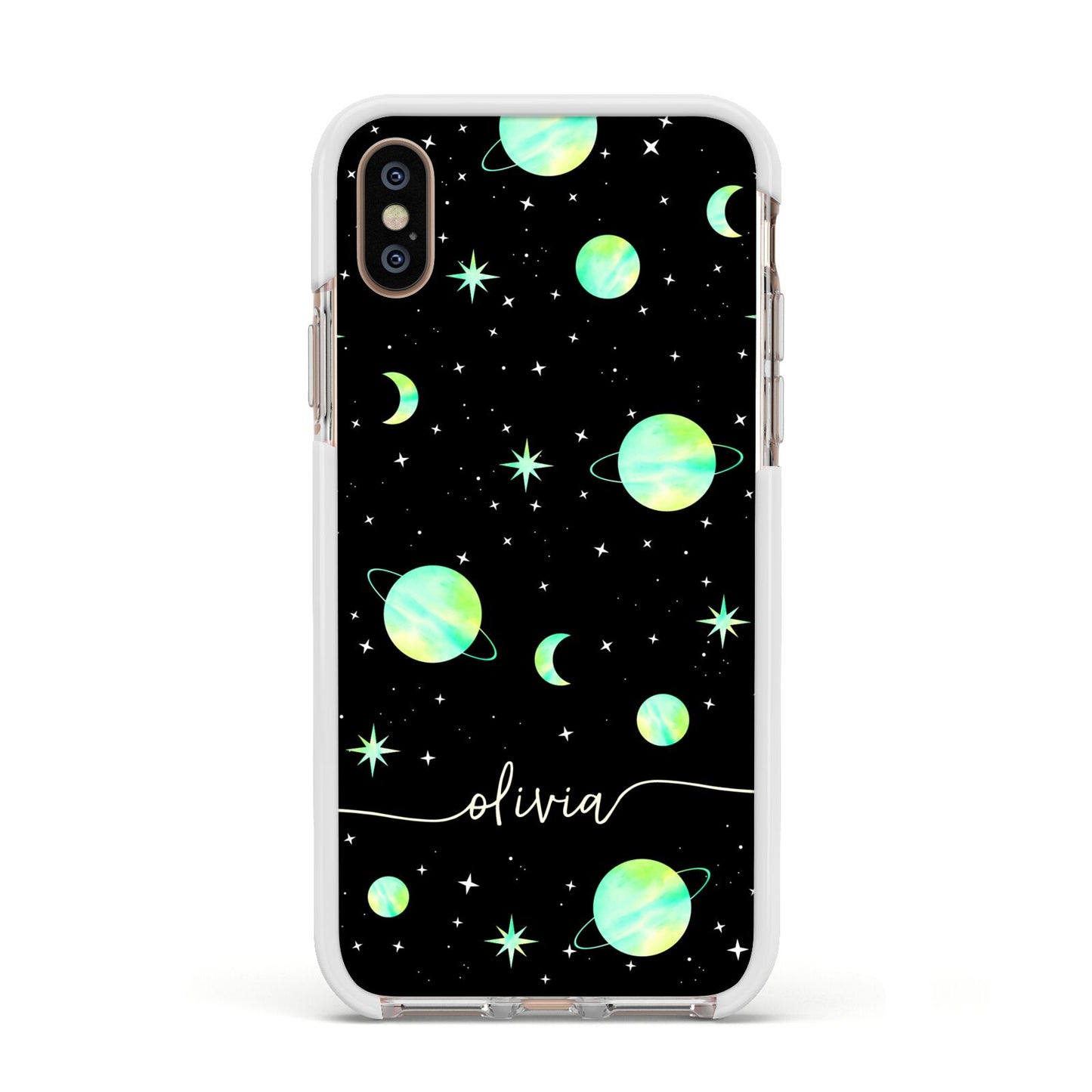 Green Galaxy Personalised Name Apple iPhone Xs Impact Case White Edge on Gold Phone