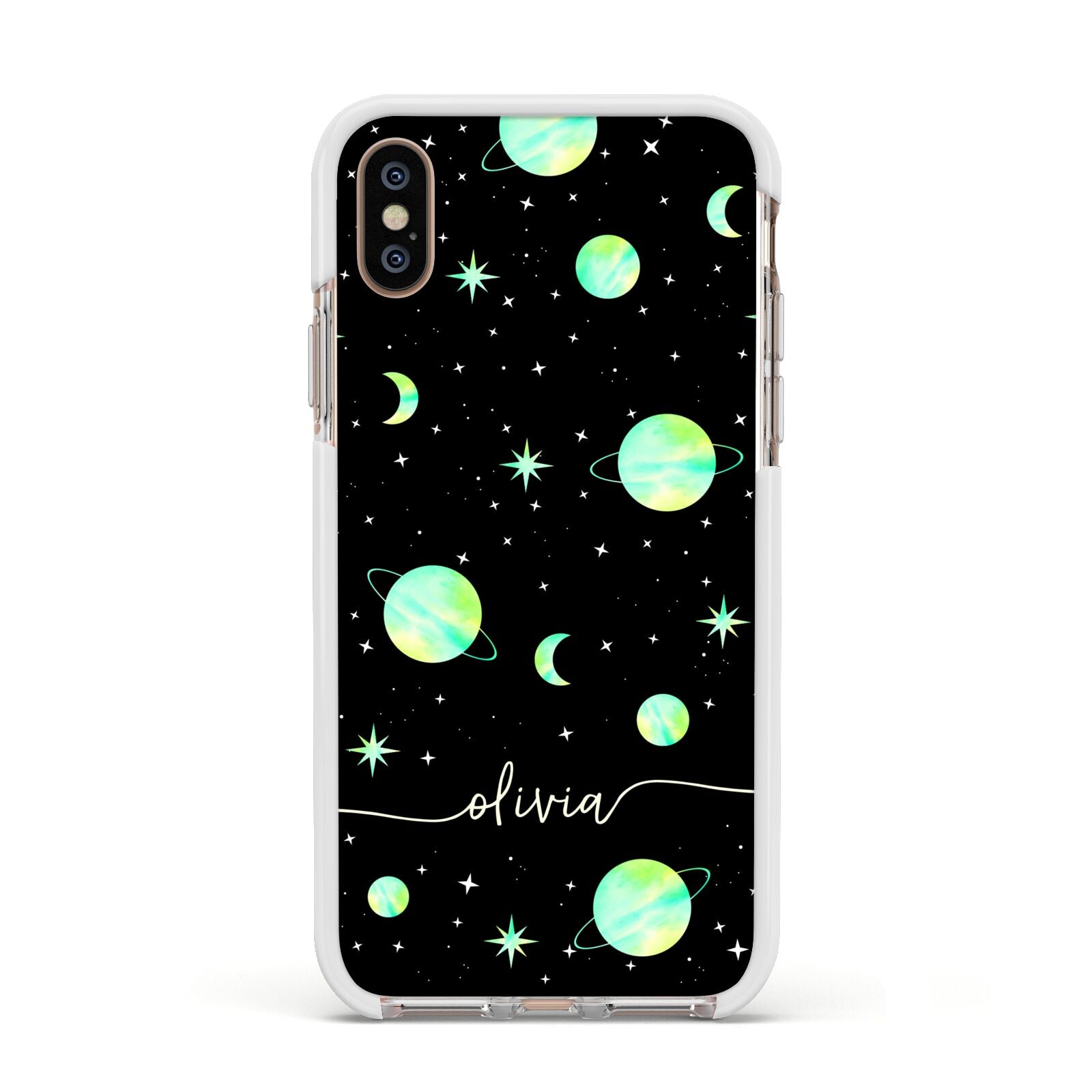 Green Galaxy Personalised Name Apple iPhone Xs Impact Case White Edge on Gold Phone