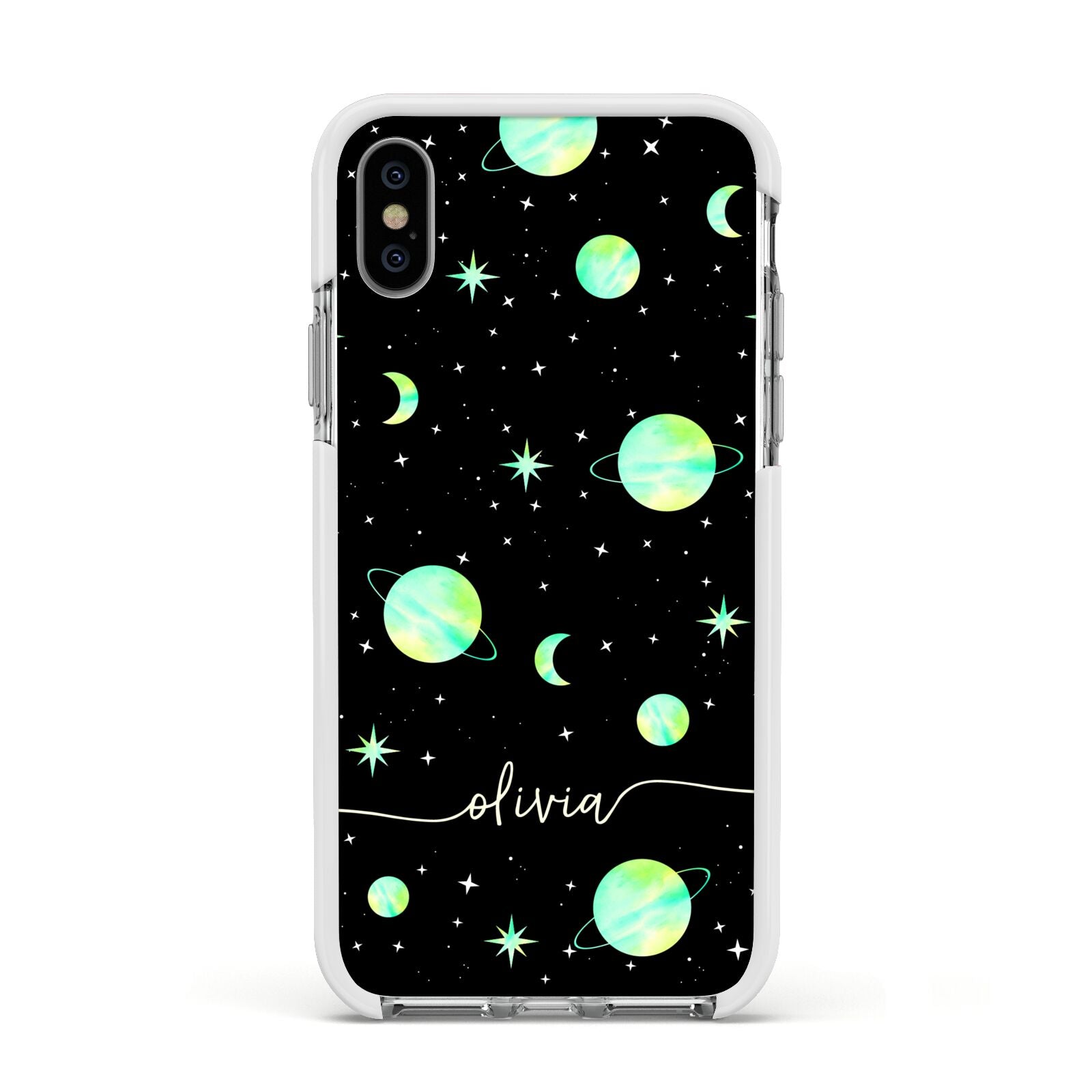Green Galaxy Personalised Name Apple iPhone Xs Impact Case White Edge on Silver Phone