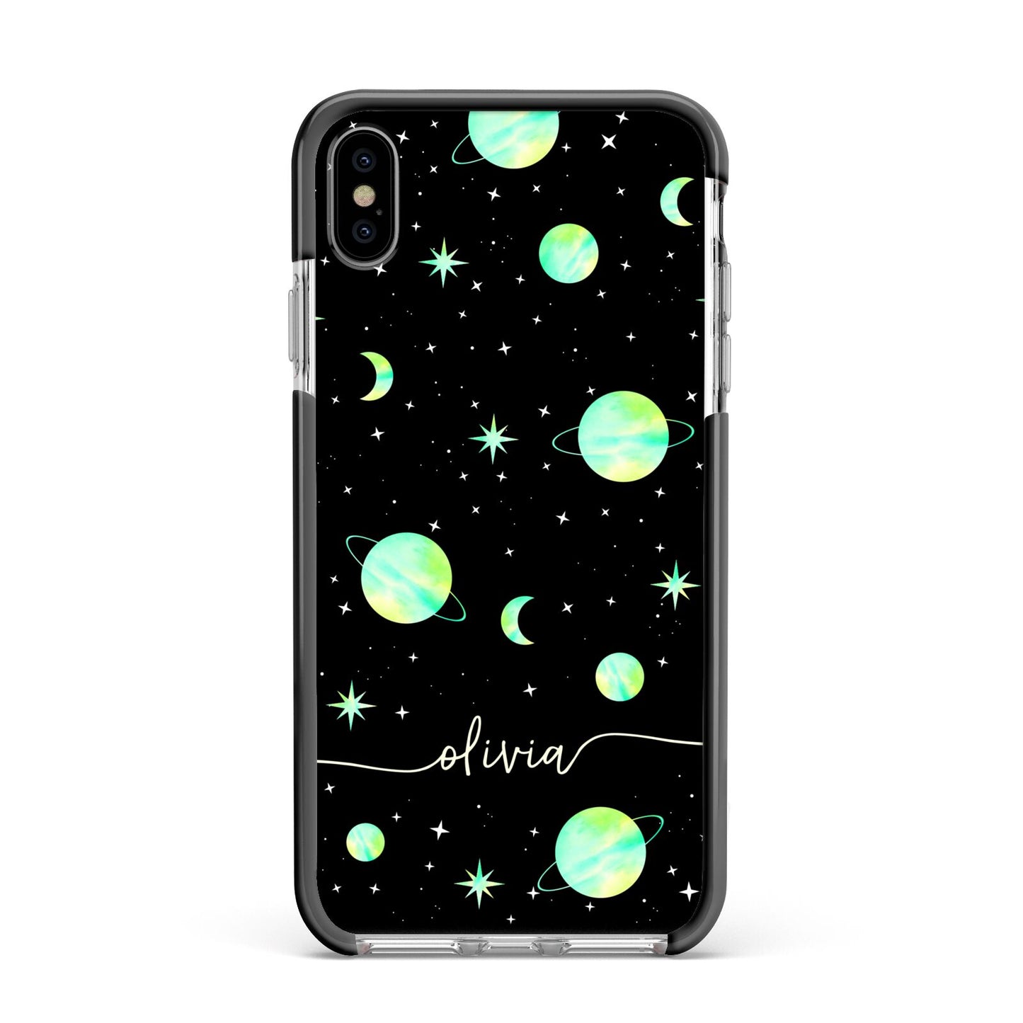 Green Galaxy Personalised Name Apple iPhone Xs Max Impact Case Black Edge on Silver Phone