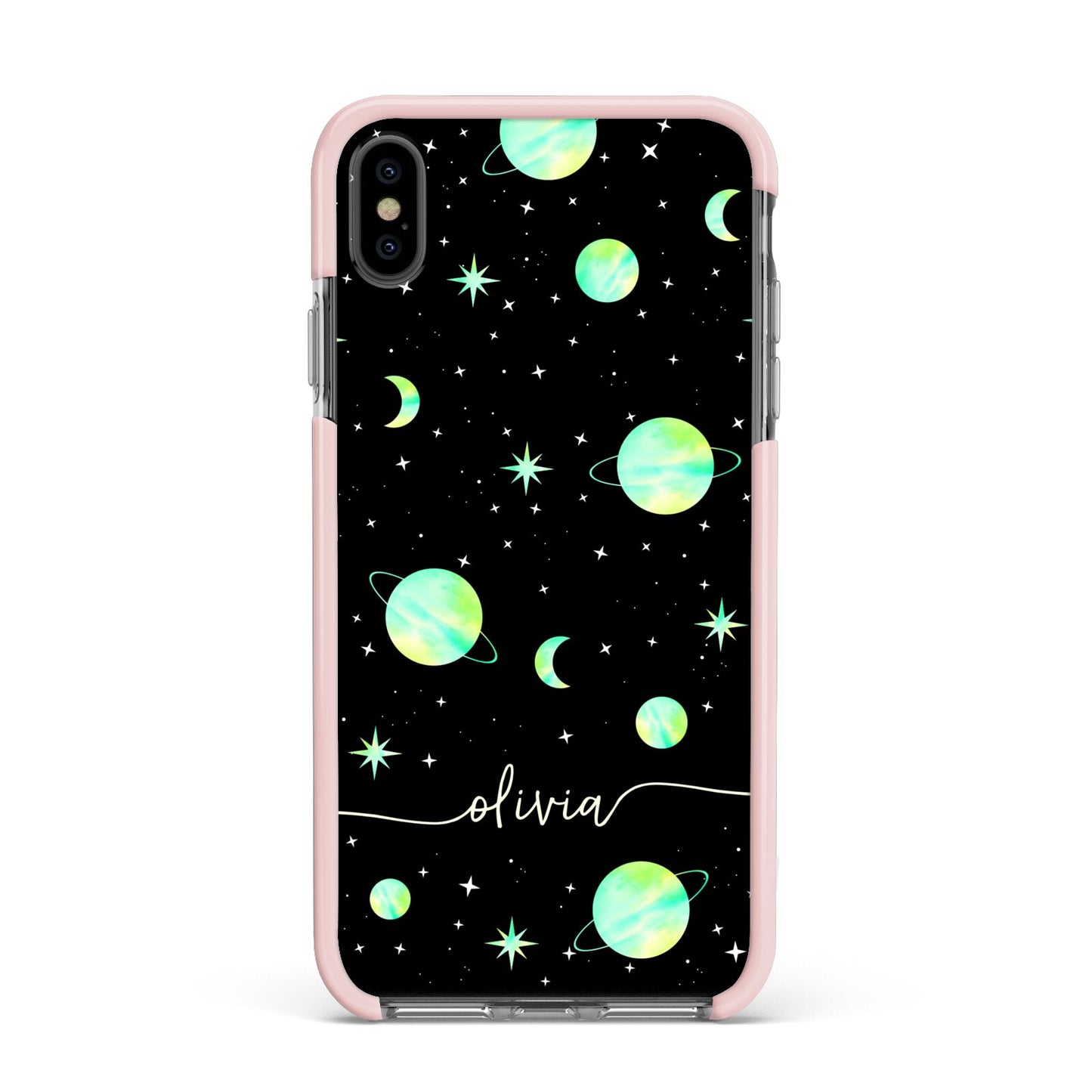 Green Galaxy Personalised Name Apple iPhone Xs Max Impact Case Pink Edge on Black Phone
