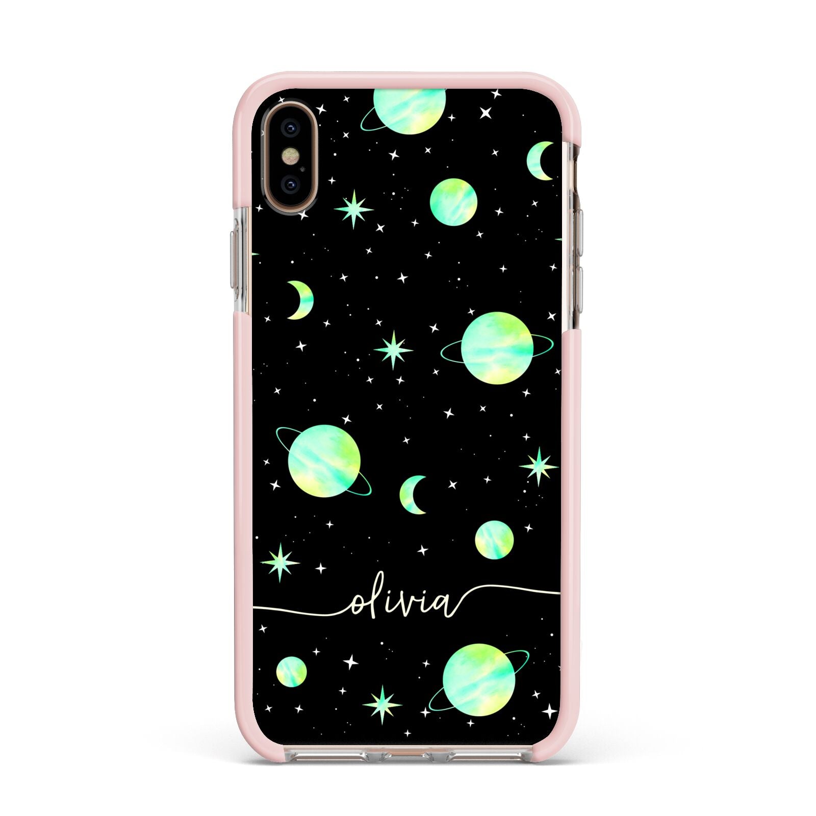 Green Galaxy Personalised Name Apple iPhone Xs Max Impact Case Pink Edge on Gold Phone