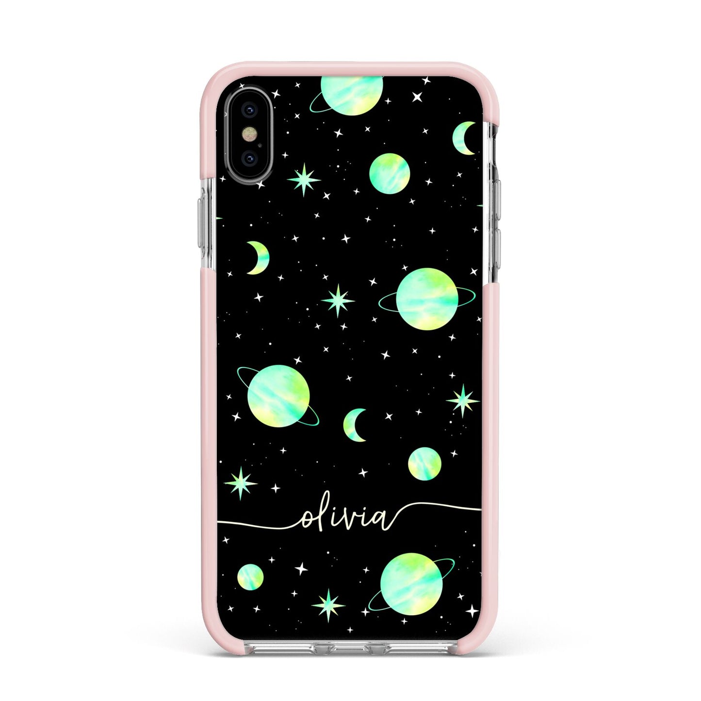 Green Galaxy Personalised Name Apple iPhone Xs Max Impact Case Pink Edge on Silver Phone