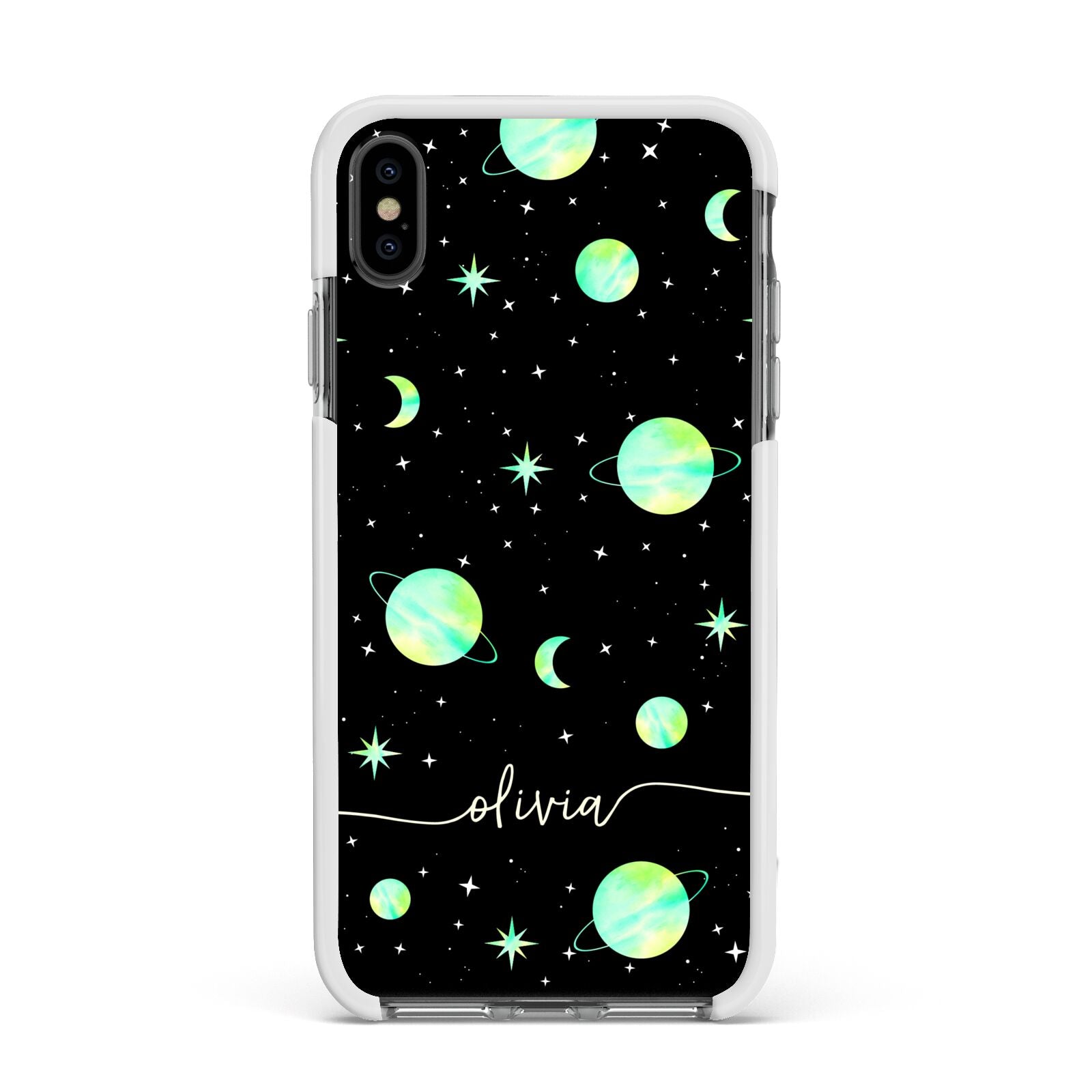 Green Galaxy Personalised Name Apple iPhone Xs Max Impact Case White Edge on Black Phone