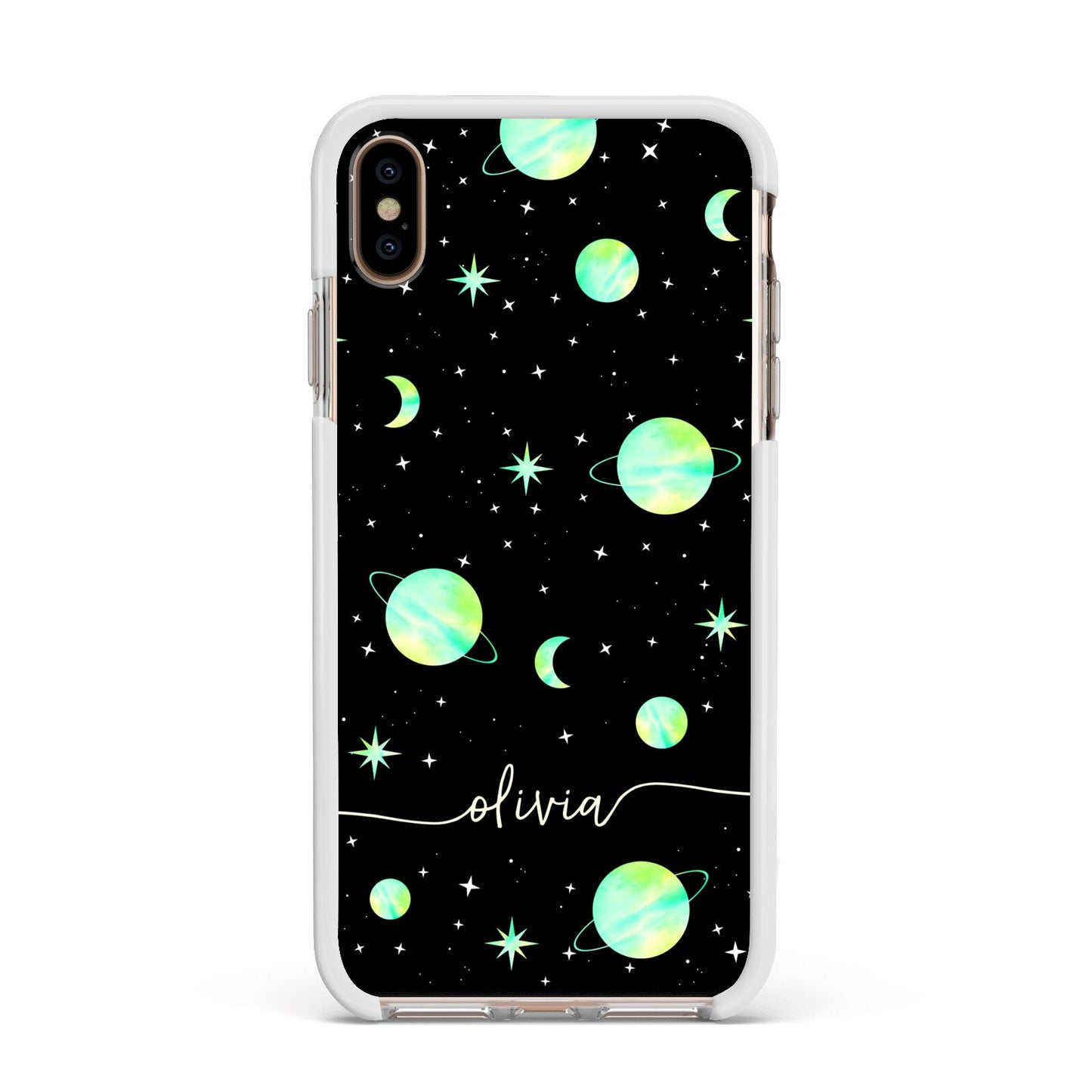 Green Galaxy Personalised Name Apple iPhone Xs Max Impact Case White Edge on Gold Phone