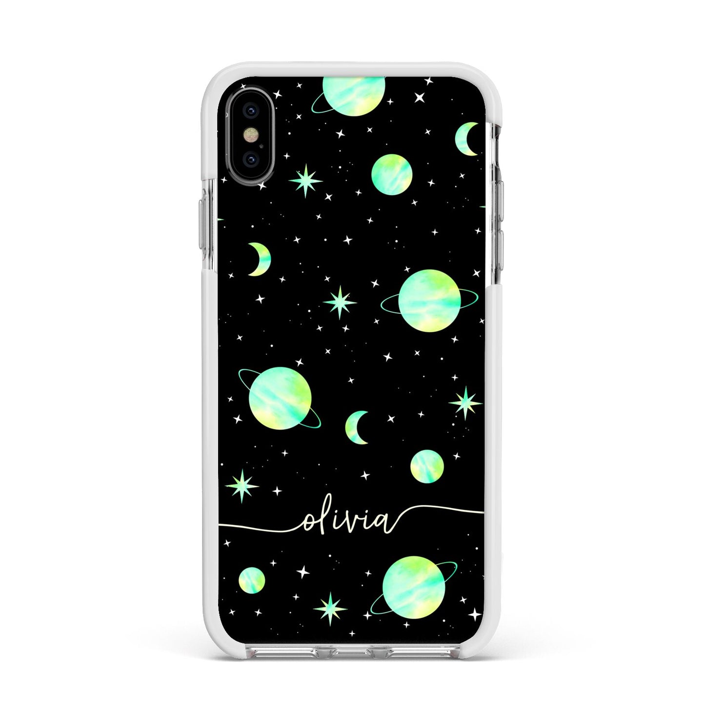 Green Galaxy Personalised Name Apple iPhone Xs Max Impact Case White Edge on Silver Phone