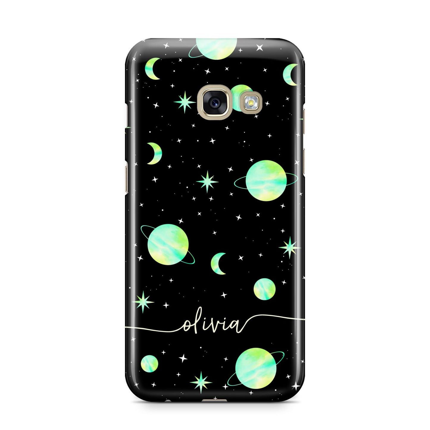 Green Galaxy Personalised Name Samsung Galaxy A3 2017 Case on gold phone