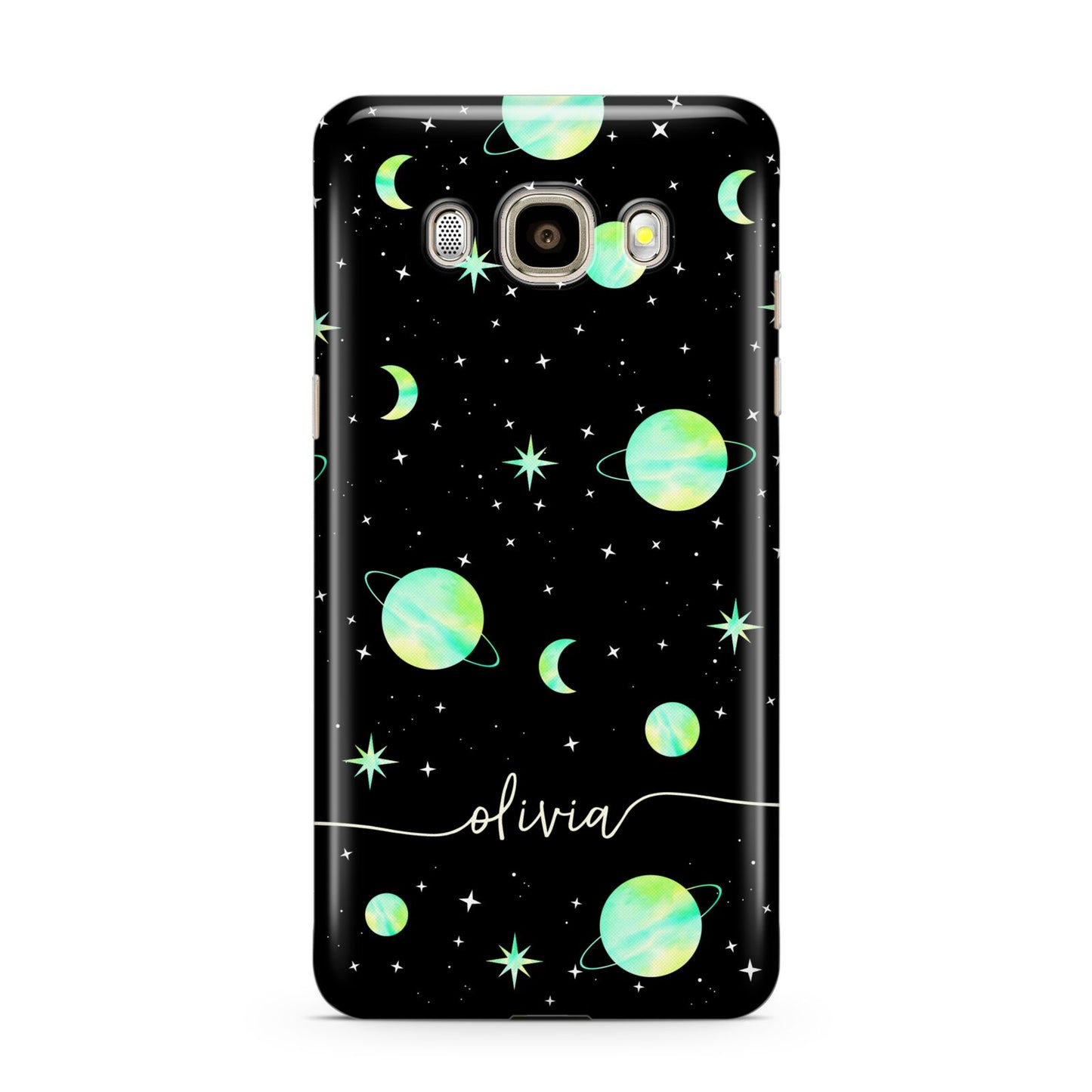 Green Galaxy Personalised Name Samsung Galaxy J7 2016 Case on gold phone