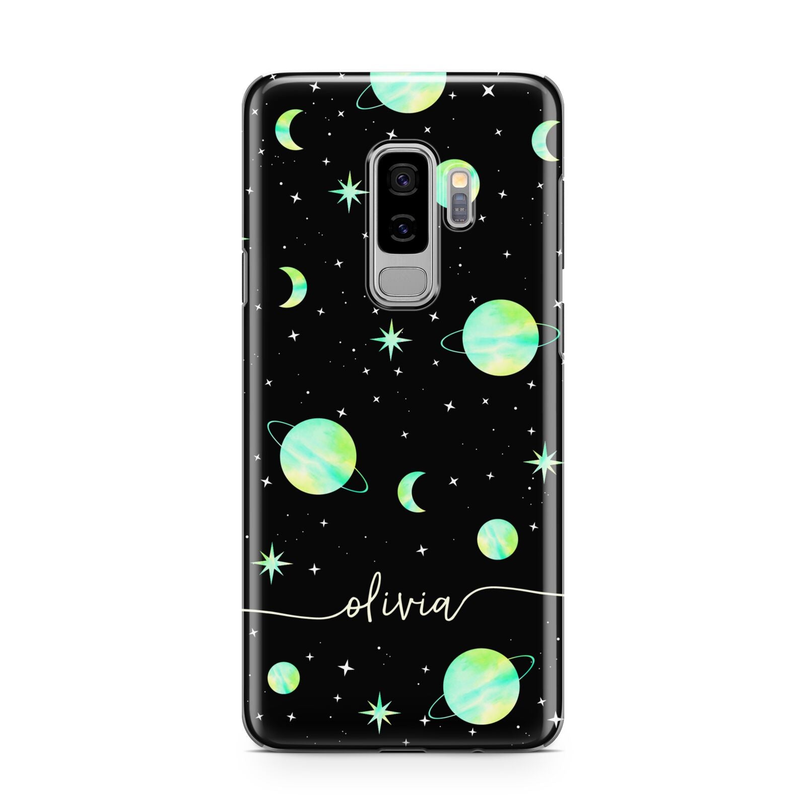 Green Galaxy Personalised Name Samsung Galaxy S9 Plus Case on Silver phone