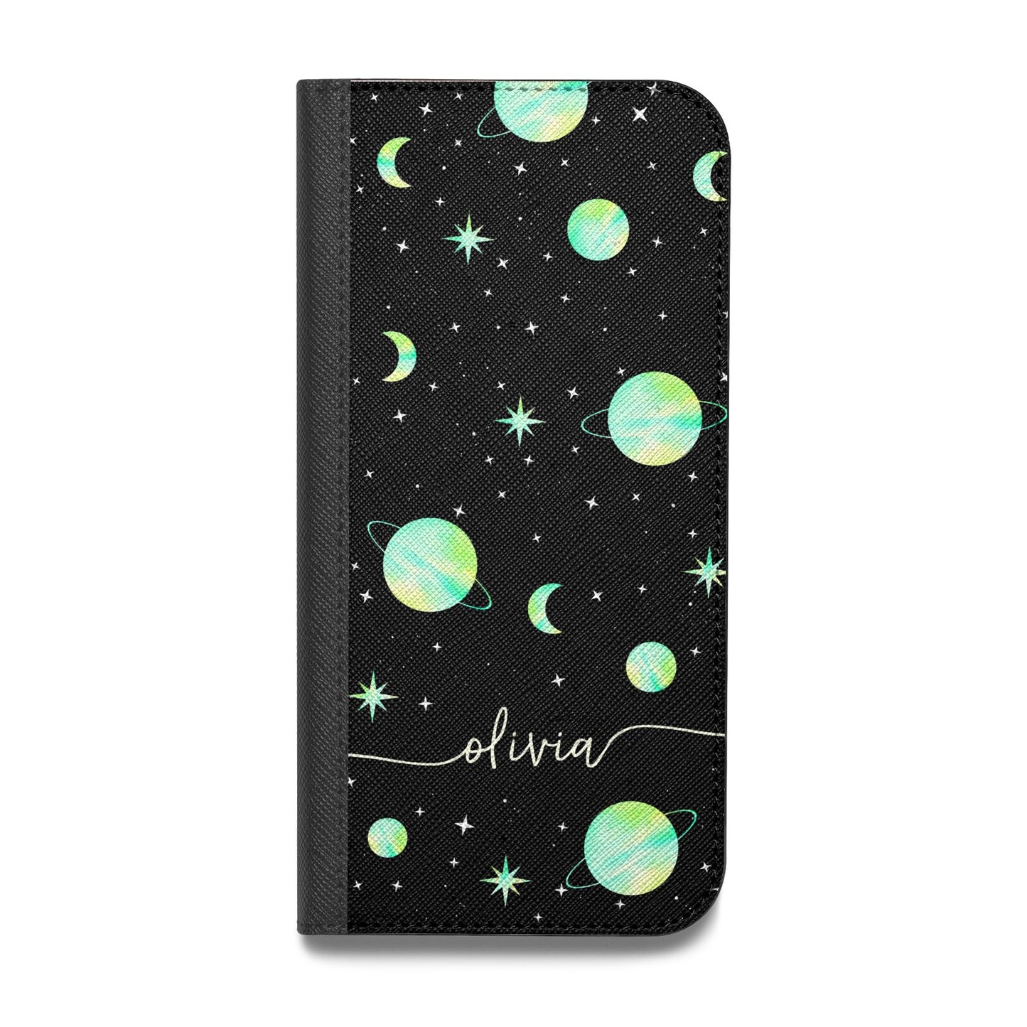 Green Galaxy Personalised Name Vegan Leather Flip Samsung Case