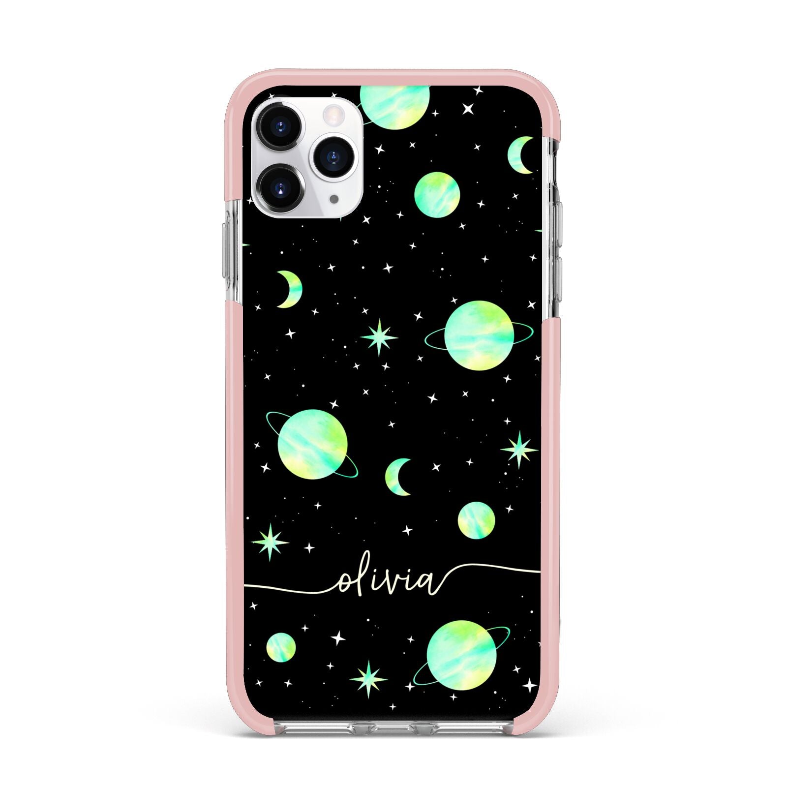 Green Galaxy Personalised Name iPhone 11 Pro Max Impact Pink Edge Case