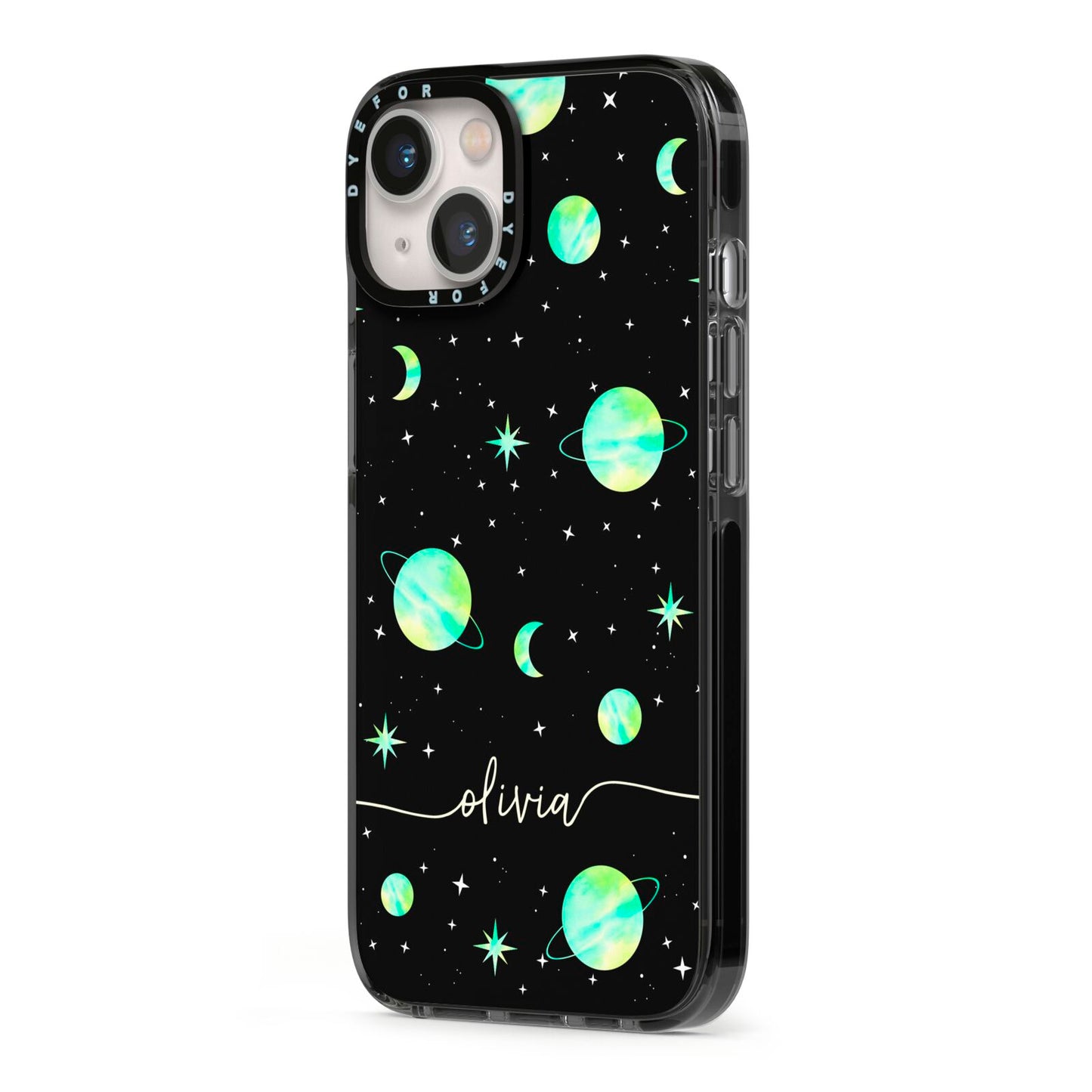 Green Galaxy Personalised Name iPhone 13 Black Impact Case Side Angle on Silver phone