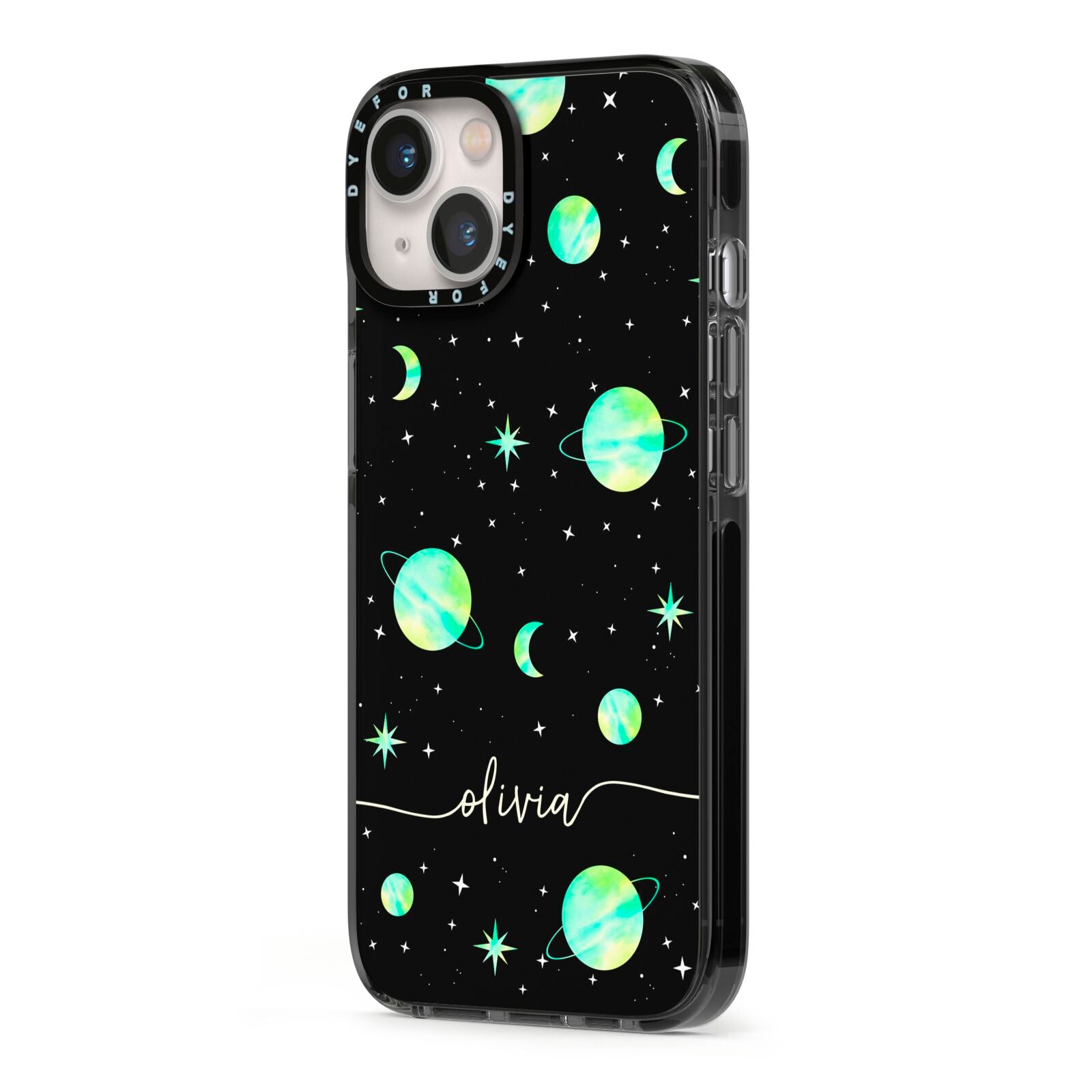 Green Galaxy Personalised Name iPhone 13 Black Impact Case Side Angle on Silver phone