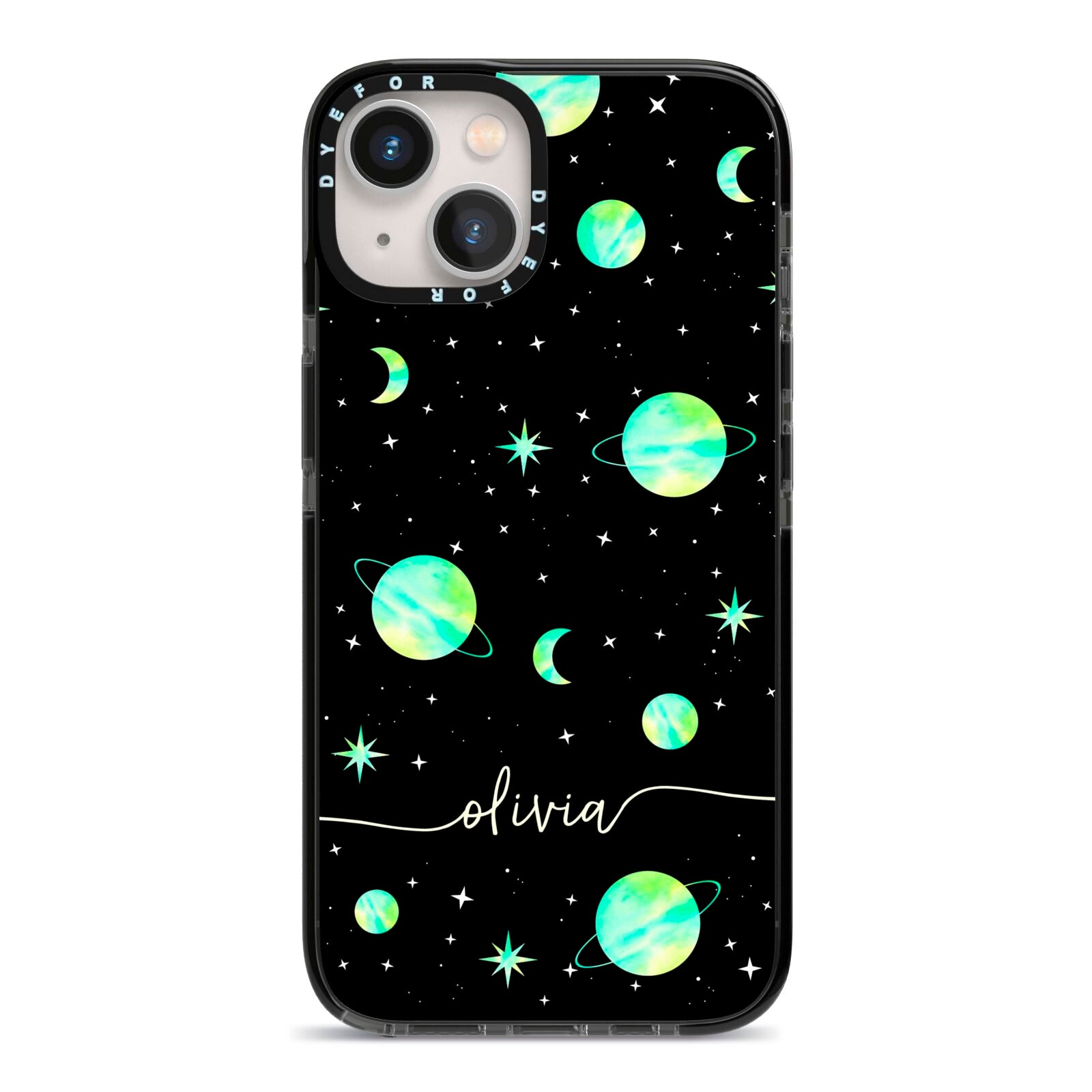 Green Galaxy Personalised Name iPhone 13 Black Impact Case on Silver phone