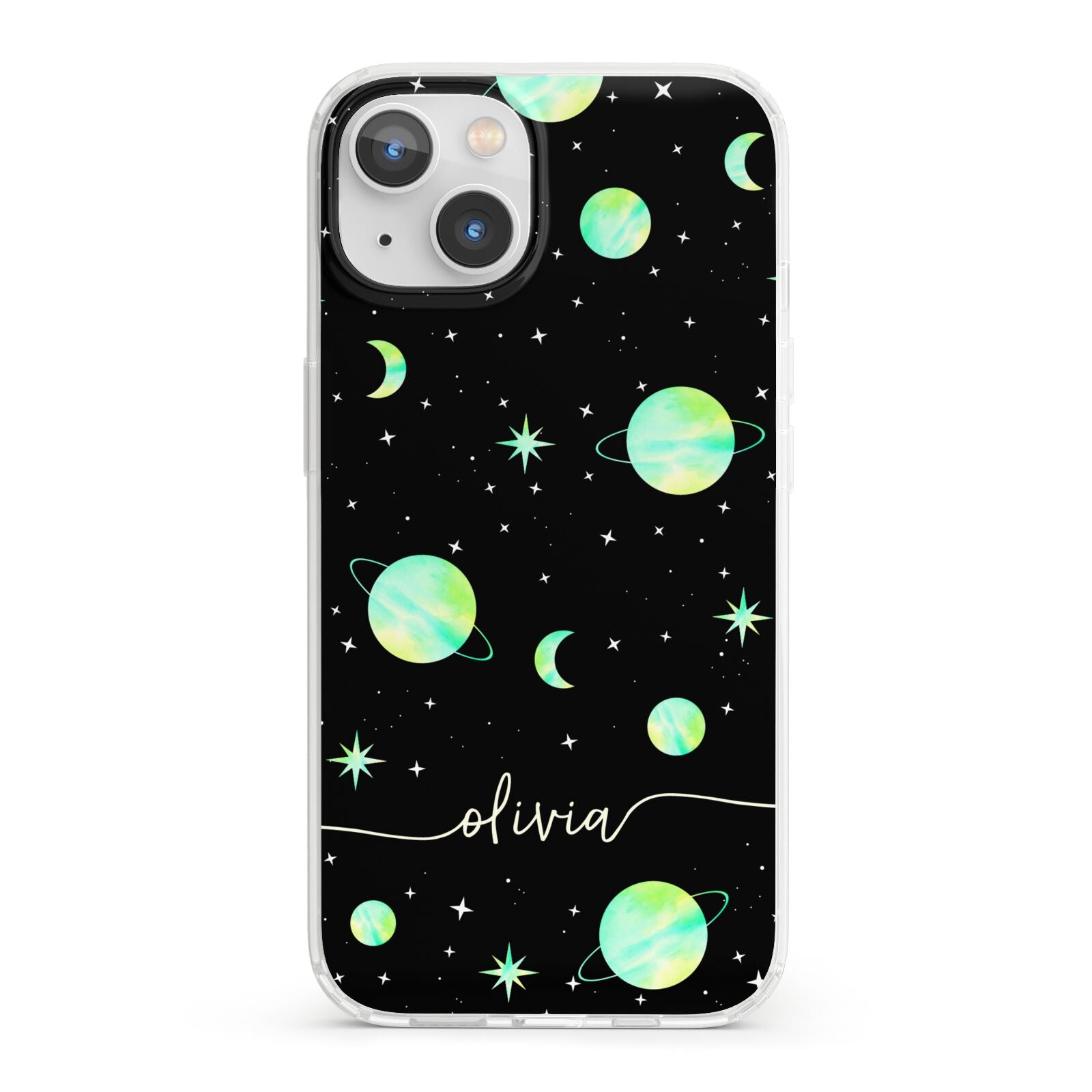 Green Galaxy Personalised Name iPhone 13 Clear Bumper Case