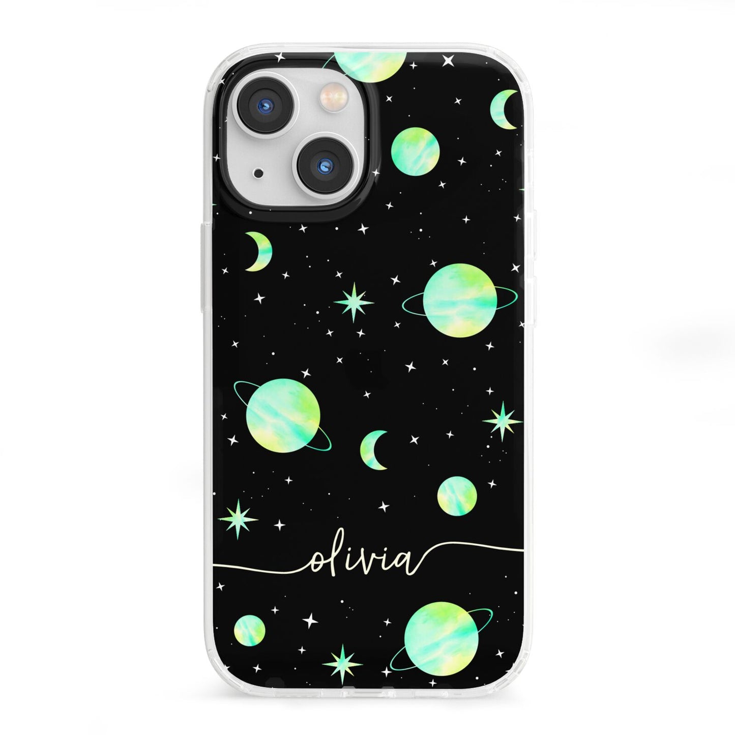 Green Galaxy Personalised Name iPhone 13 Mini Clear Bumper Case