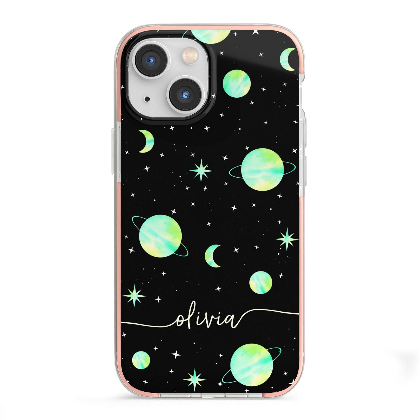 Green Galaxy Personalised Name iPhone 13 Mini TPU Impact Case with Pink Edges