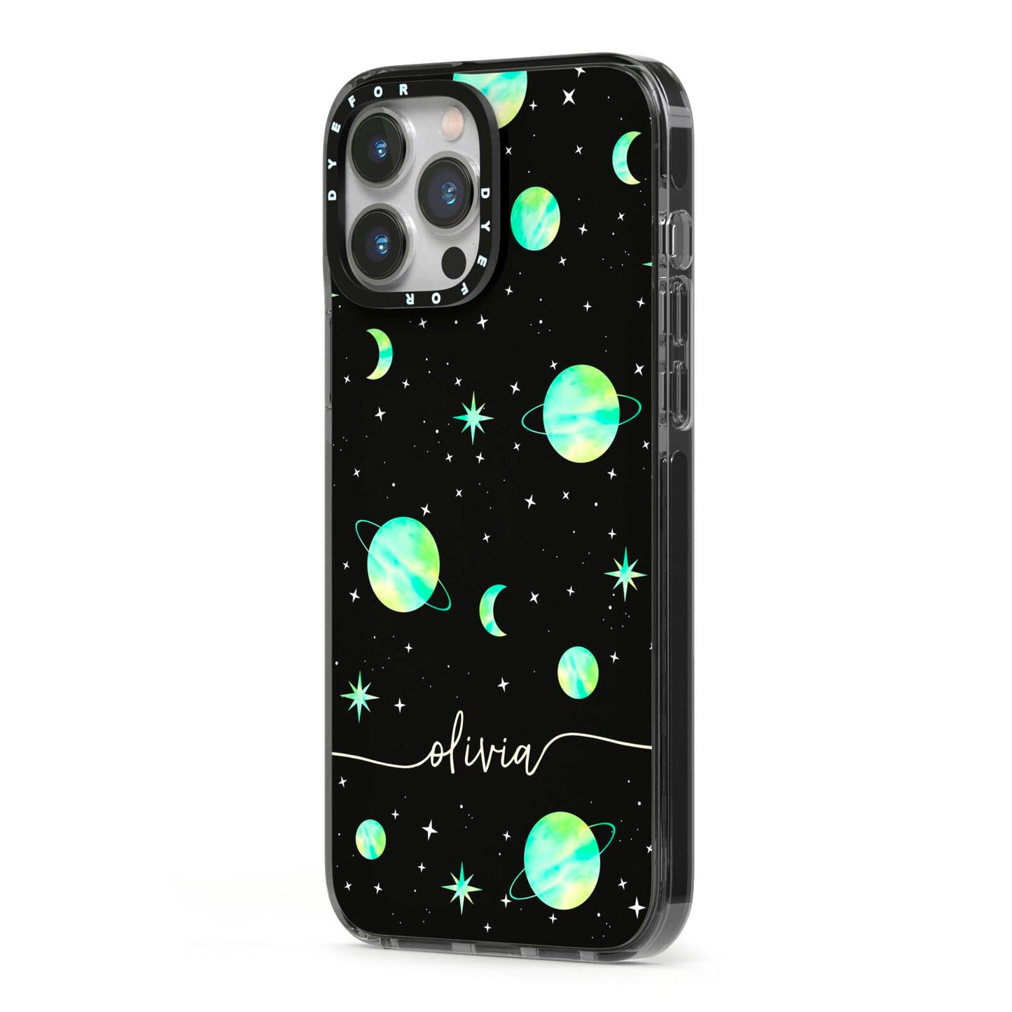 Green Galaxy Personalised Name iPhone 13 Pro Max Black Impact Case Side Angle on Silver phone
