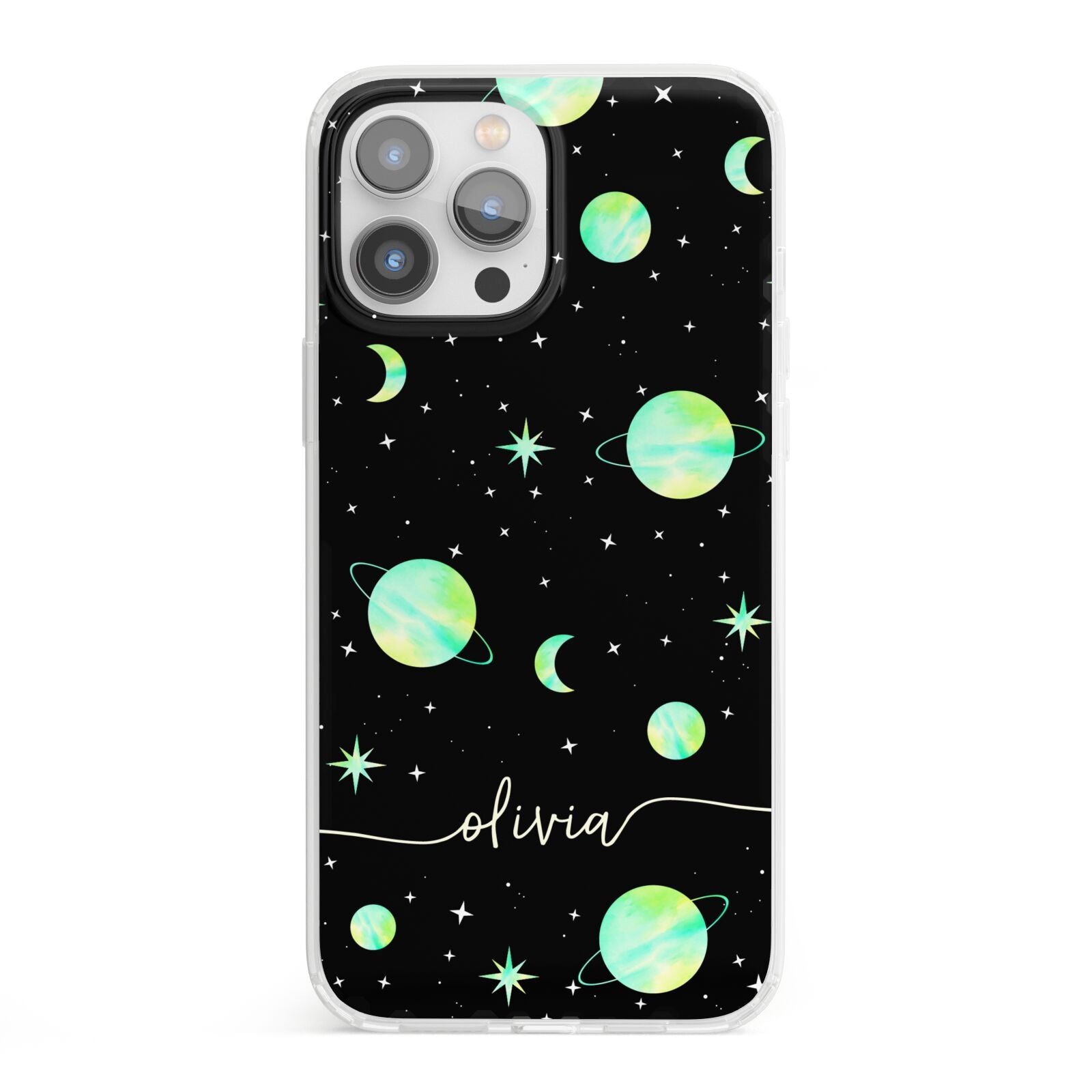 Green Galaxy Personalised Name iPhone 13 Pro Max Clear Bumper Case